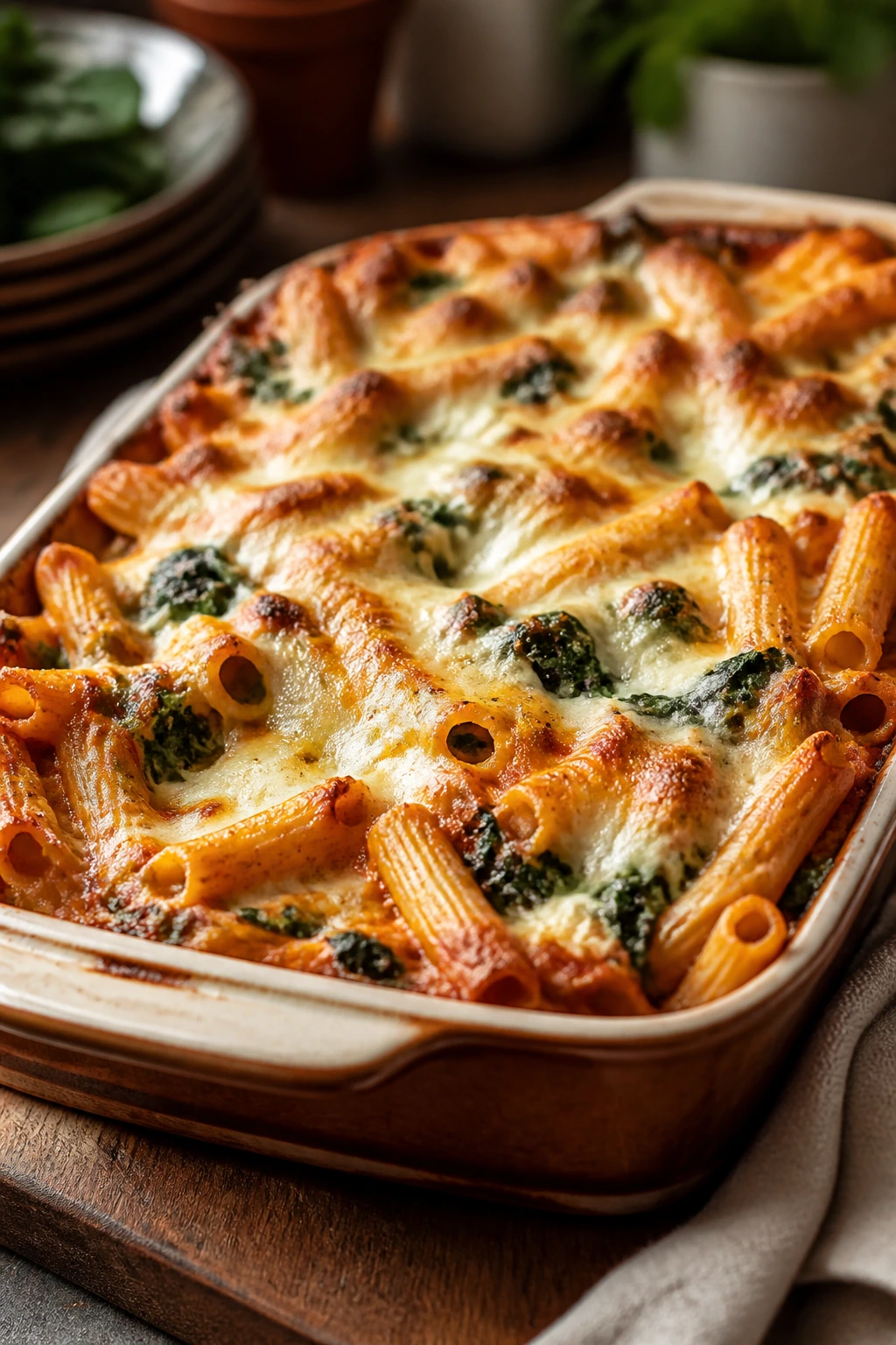 Bubbling cheesy baked ziti with spinach in a casserole dish