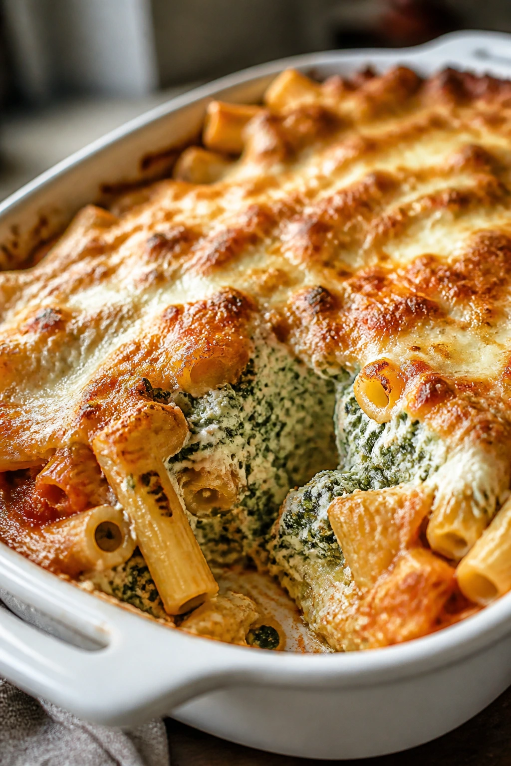 Close-up of Hidden-Spinach Baked Ziti with melted cheese