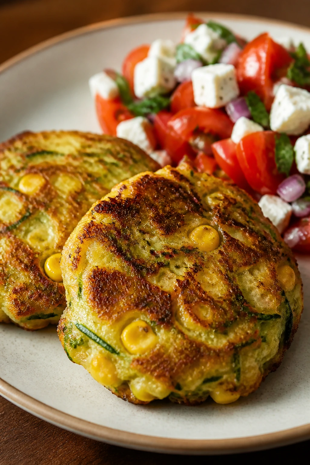 Close-up zucchini corn fritters with tomato feta salad