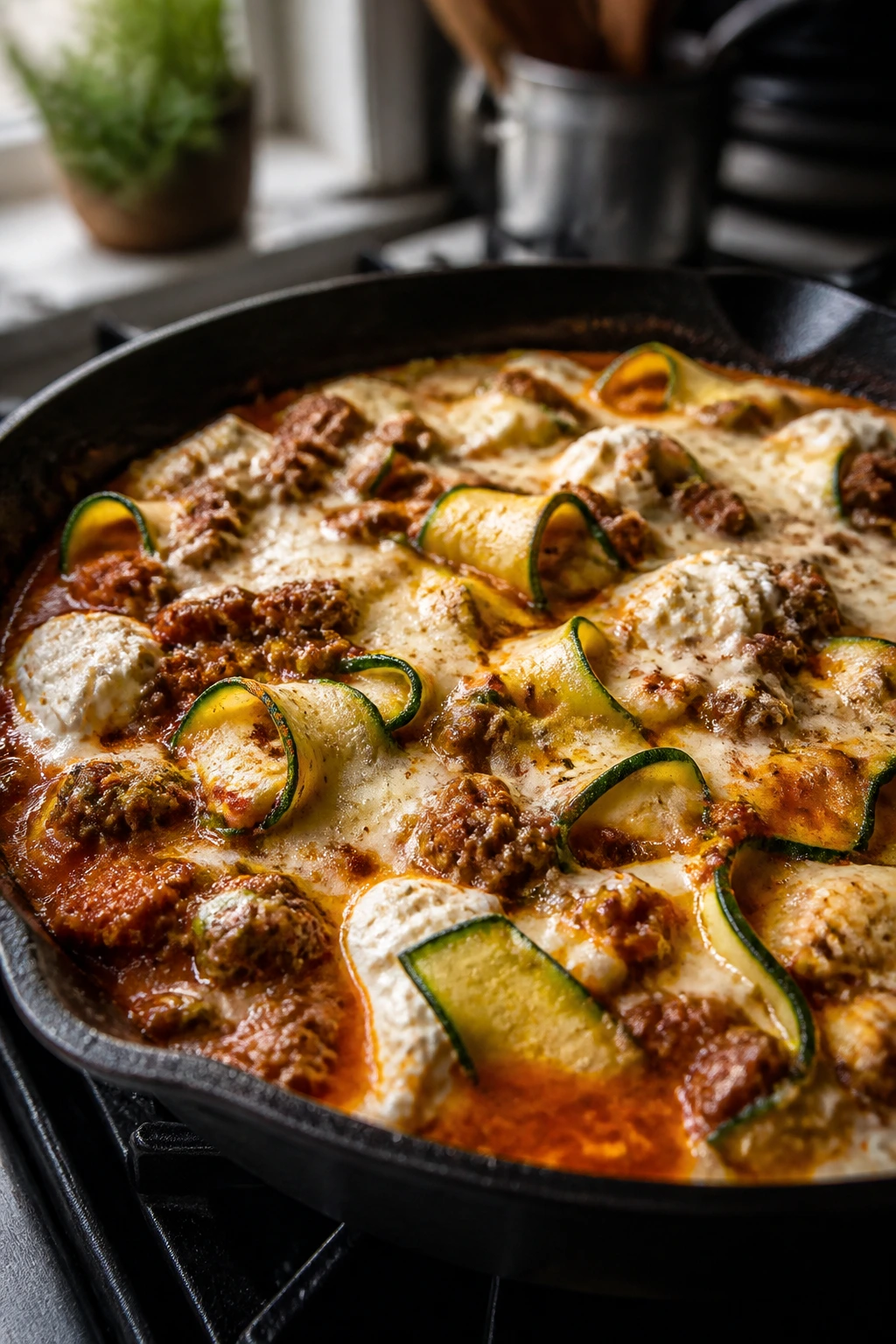 Close-up of zucchini beef lasagna skillet with melted cheese in a home kitchen