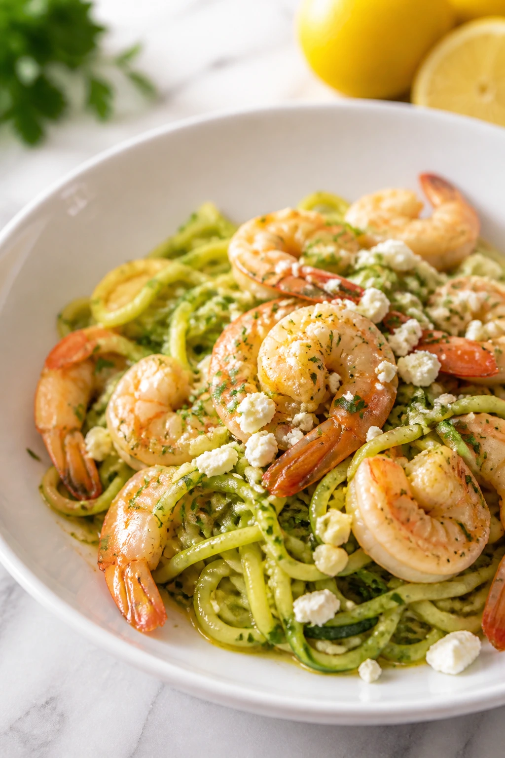 Close-up of zucchini noodles and shrimp in garlic-lemon sauce with feta
