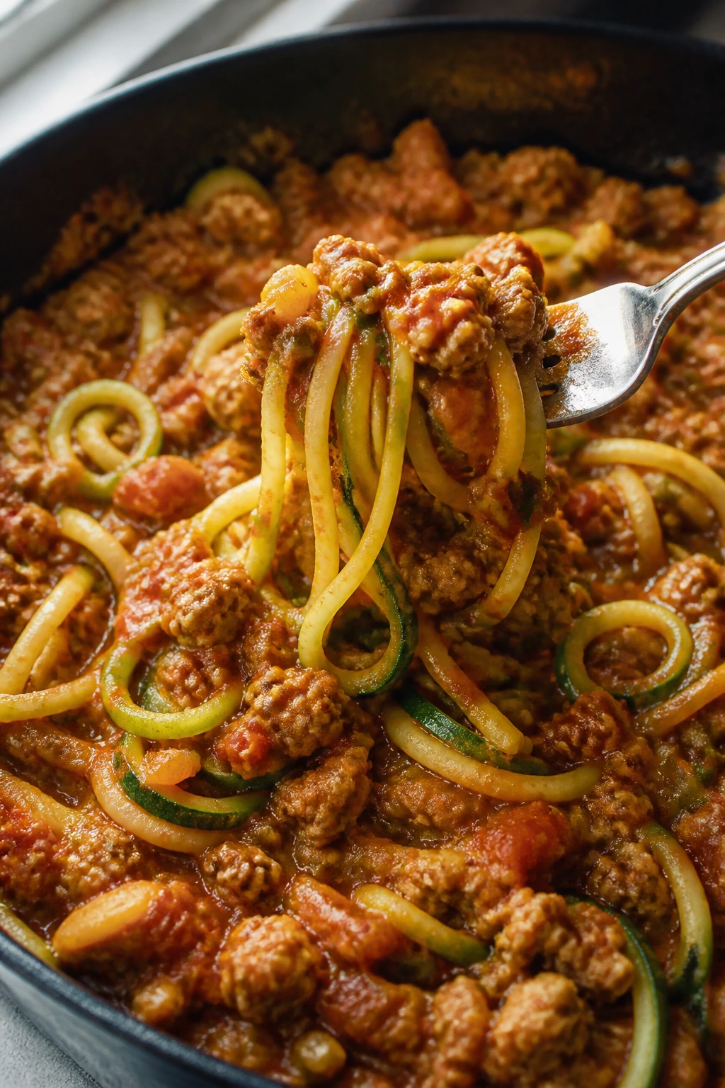 Close-up of zucchini noodles with turkey bolognese sauce
