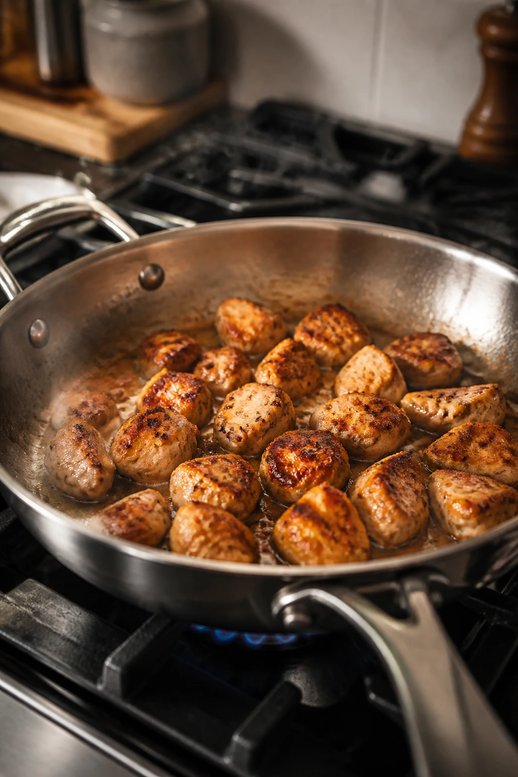 Close-up of a 12-inch skillet with searing chicken