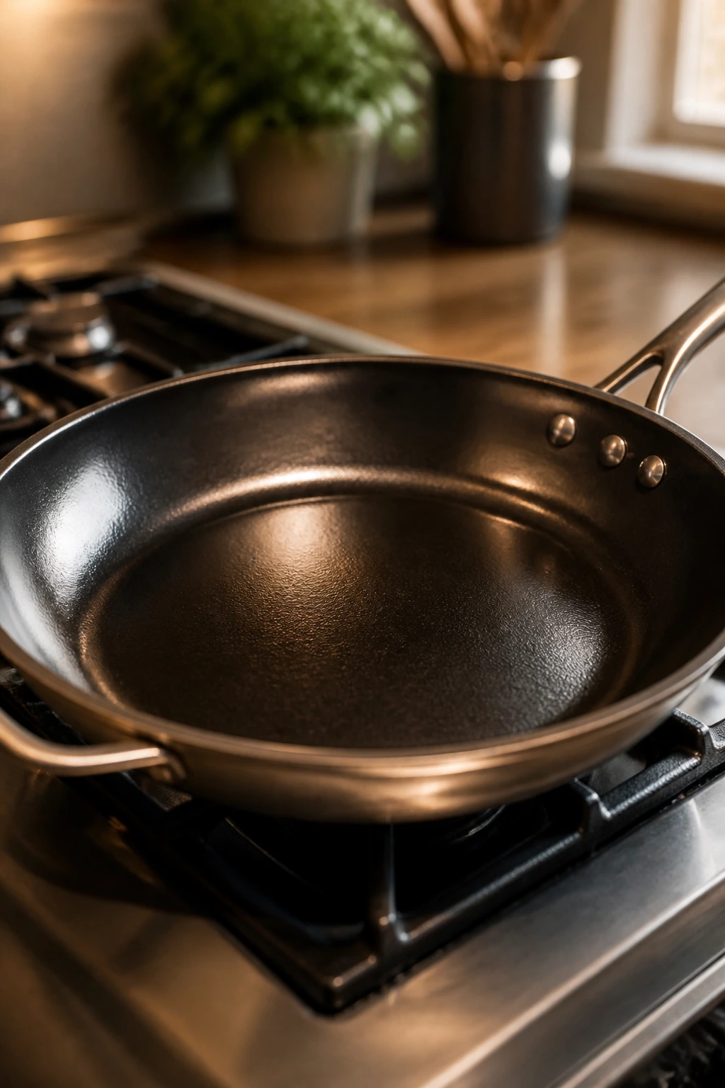 Close-up of a clean 12-inch skillet on a stove, ready for searing.