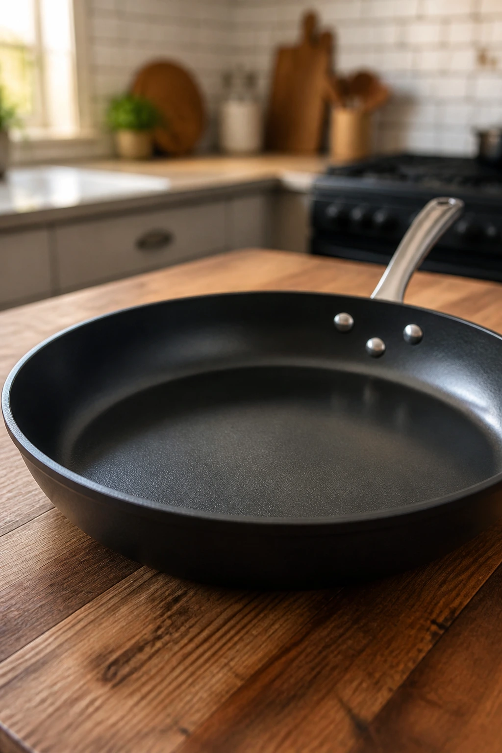 Close-up of a large 12-inch skillet on a kitchen counter