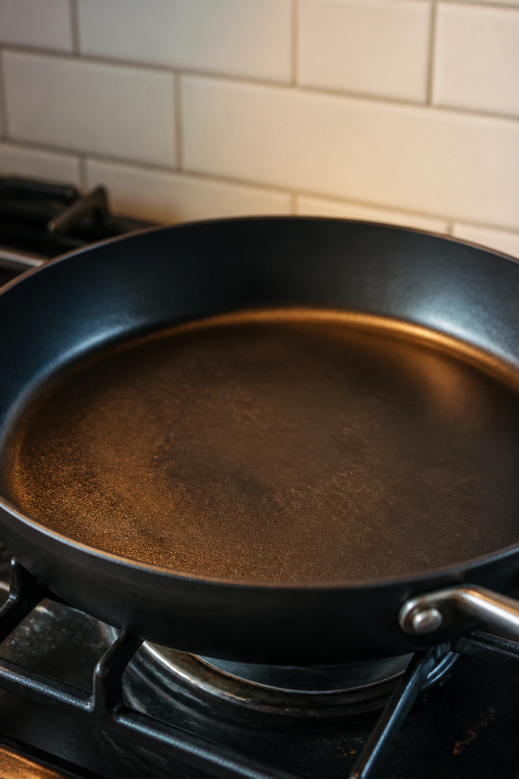 Close-up of a 12-inch skillet on a stove in a small kitchen