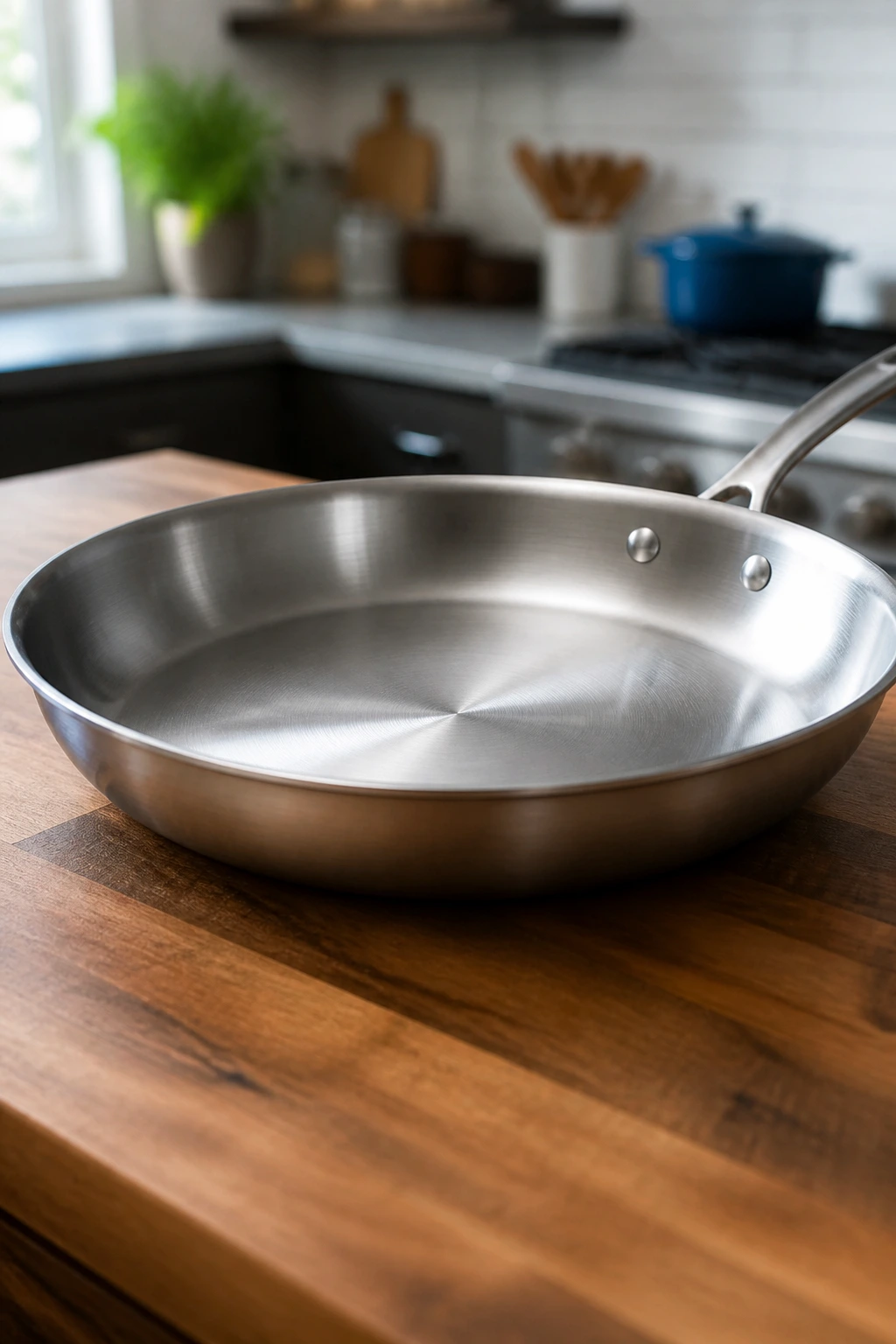 Close-up of a 12-inch skillet on a wooden counter, representing essential cookware
