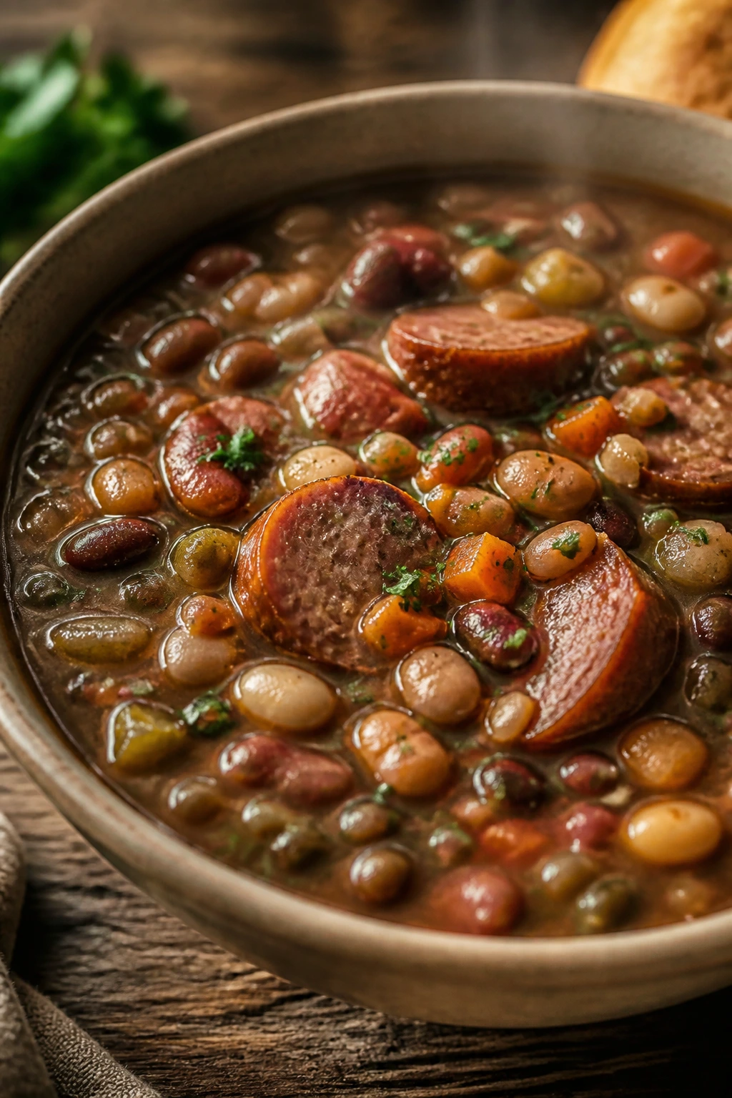 Steaming bowl of 15-bean soup with sausage in a rustic setting