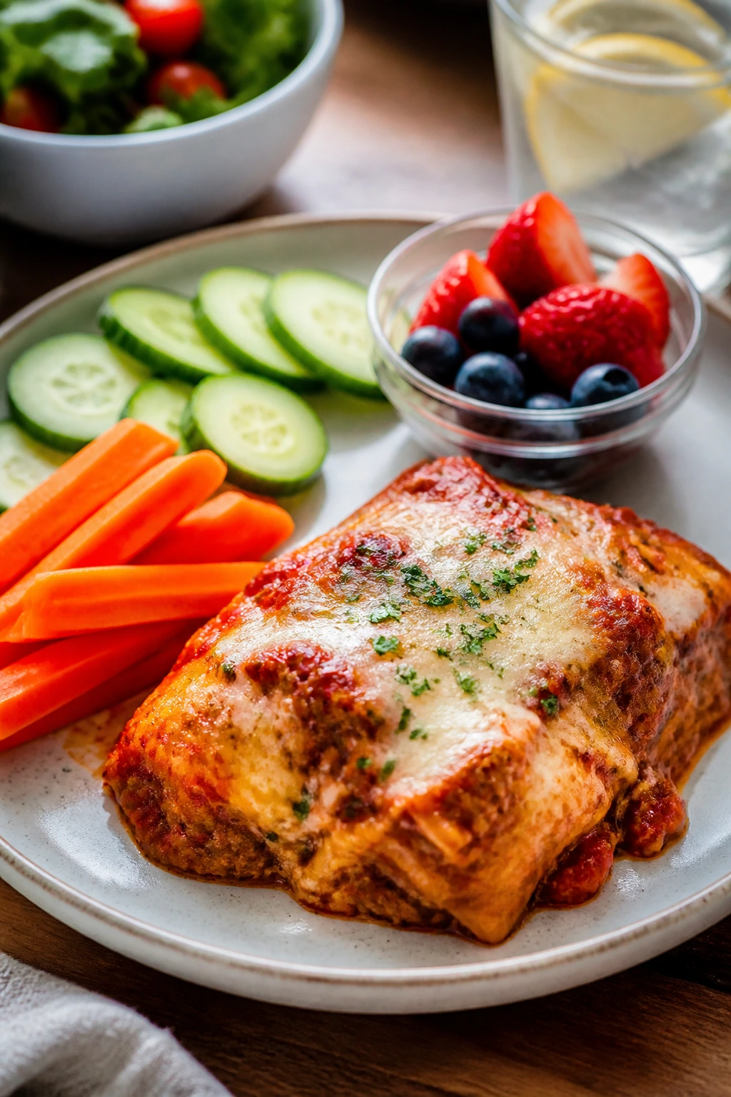 Close-up of a plated 30-minute dinner with visible cheese, sauce, and fresh accompaniments on a warm kitchen table