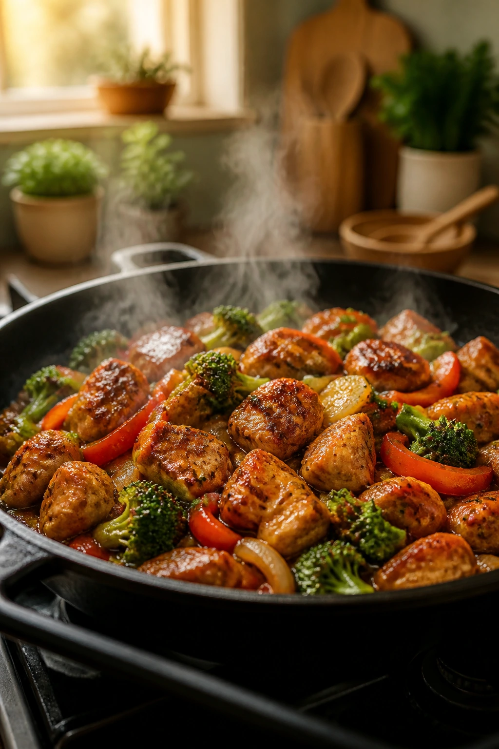 Sizzling skillet supper with protein and vegetables on a stove