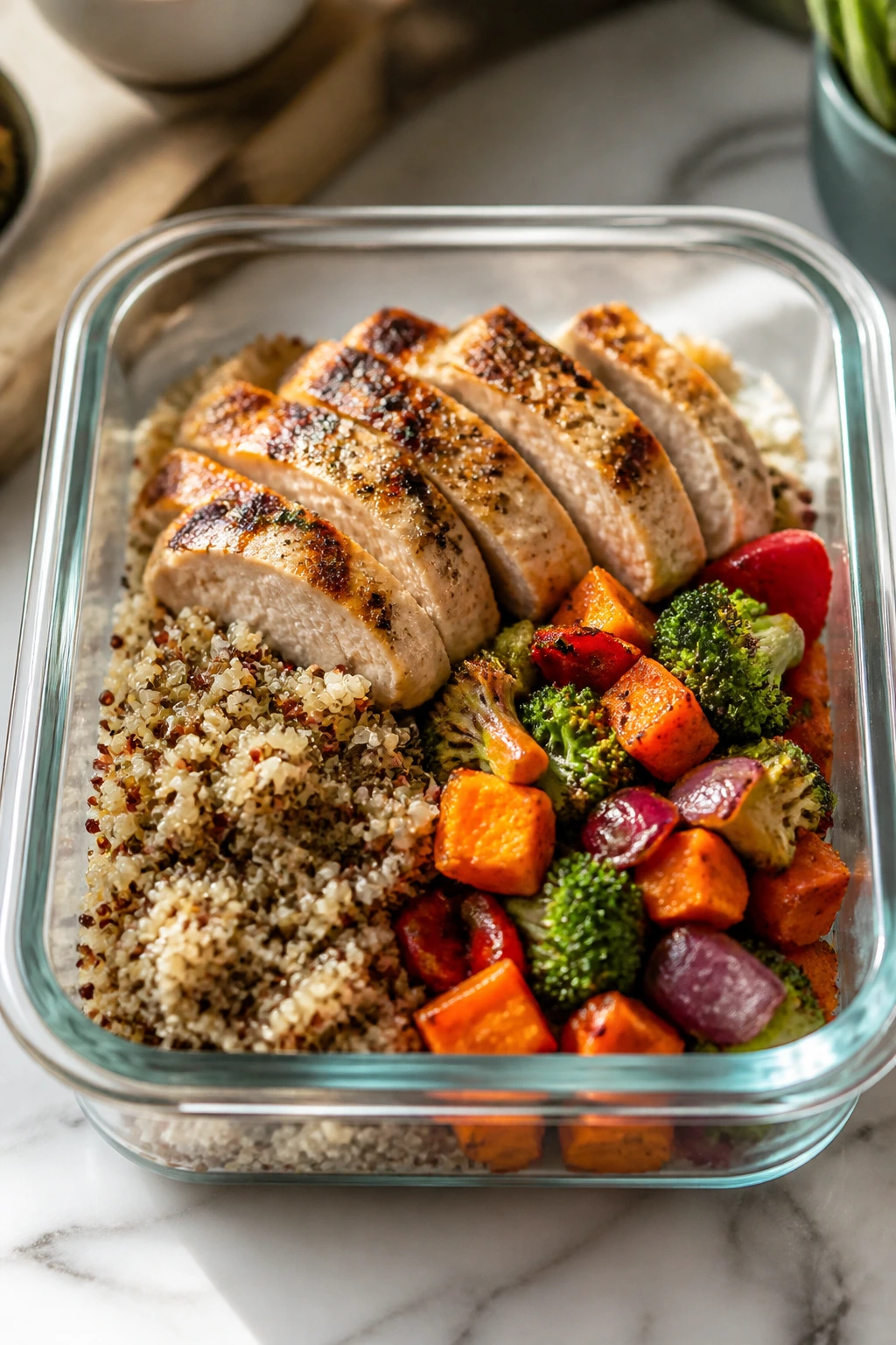 Glass meal container with protein, vegetables, and grains on a bright counter