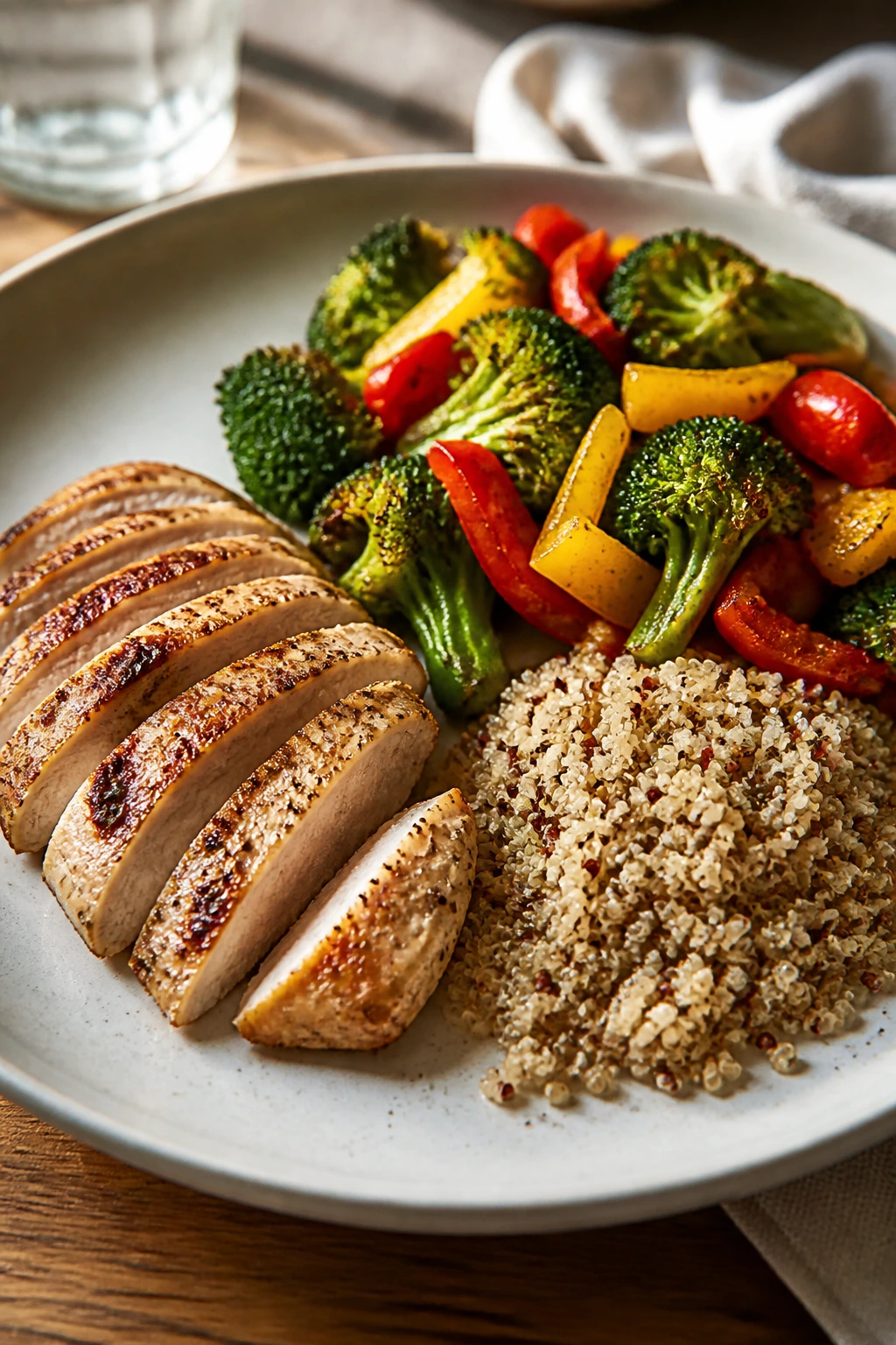 Close-up of a balanced 500-calorie dinner plate with chicken, vegetables, and quinoa.