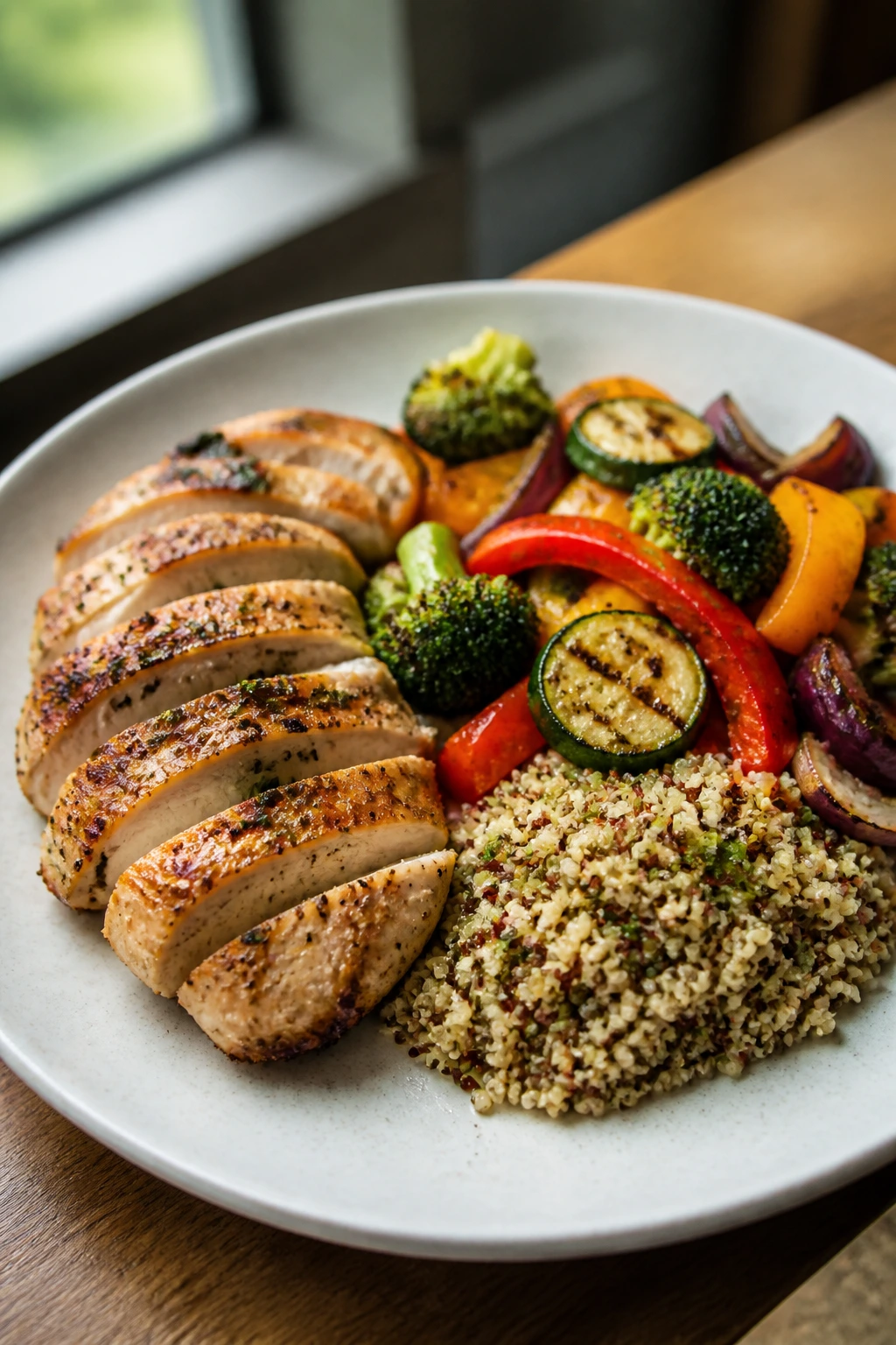 Plate with balanced 500-calorie meal: protein, vegetables, grains