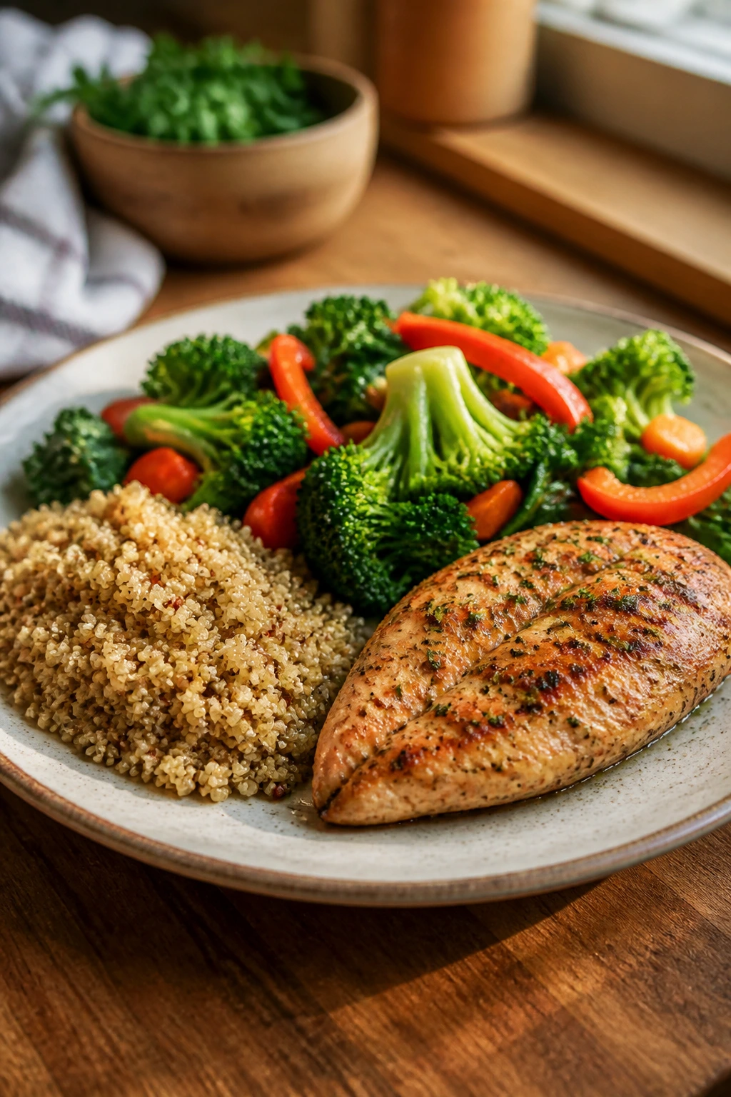 Close-up of a balanced 500-calorie meal plate in a home kitchen