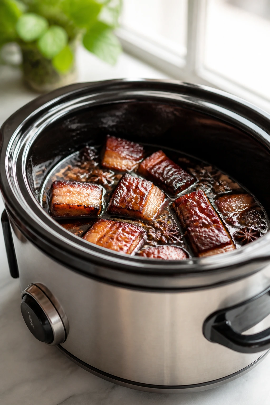 6- to 8-quart slow cooker with braising liquid visible inside