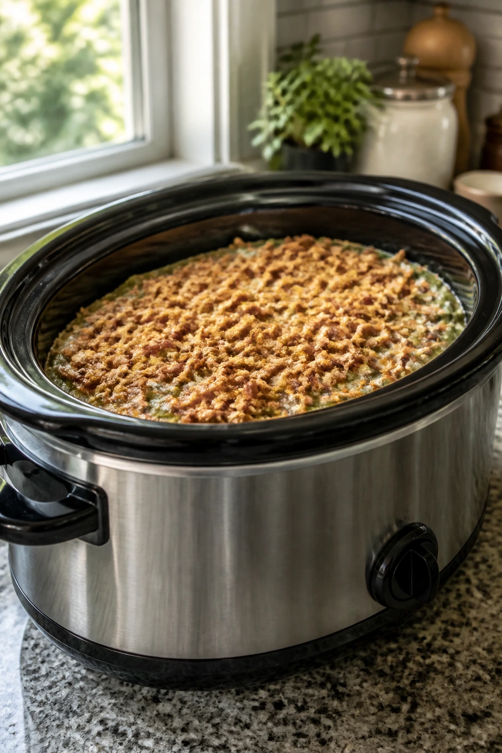 6-quart oval slow cooker with casserole visible inside in a kitchen