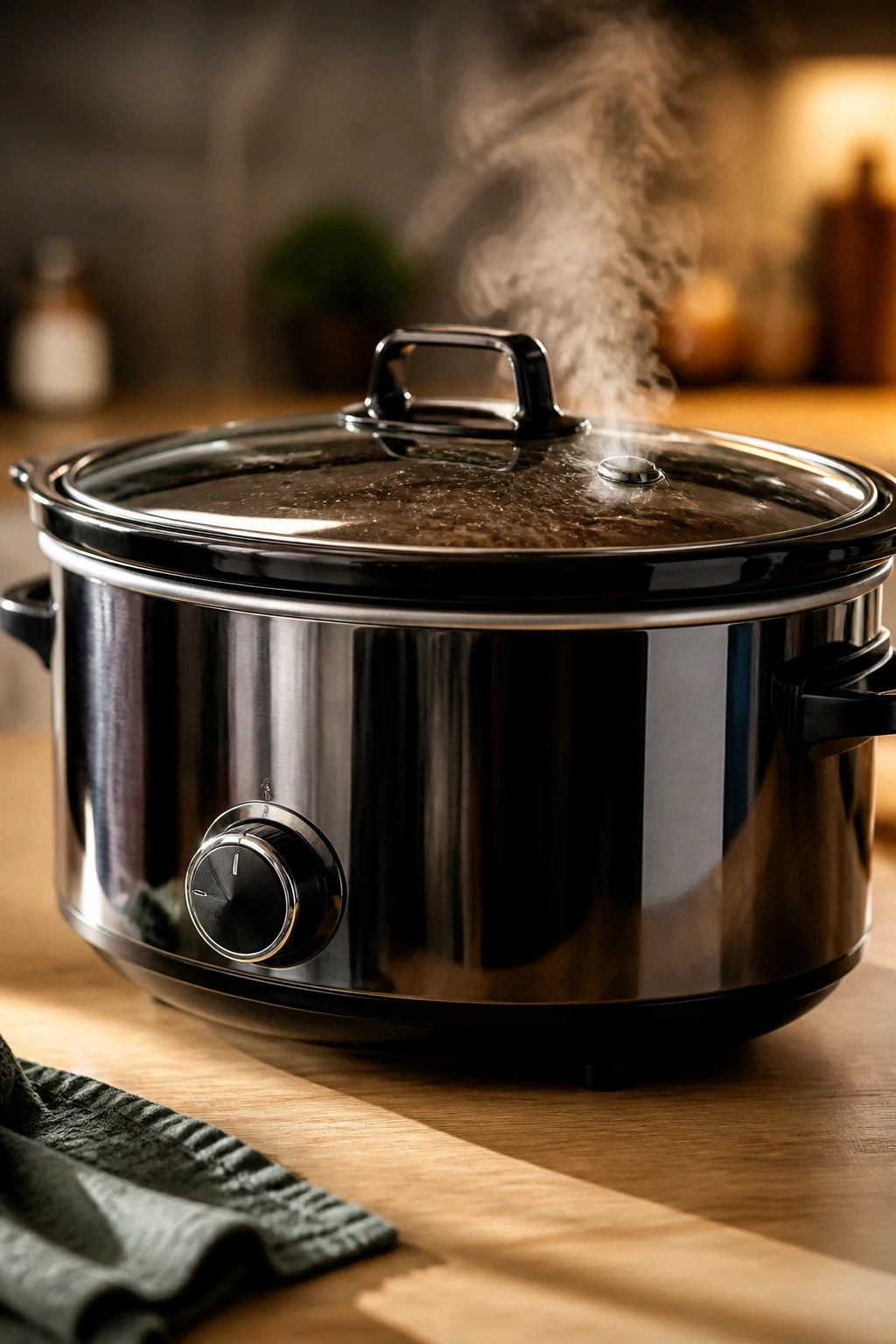 Close-up of a 6-quart slow cooker on kitchen counter
