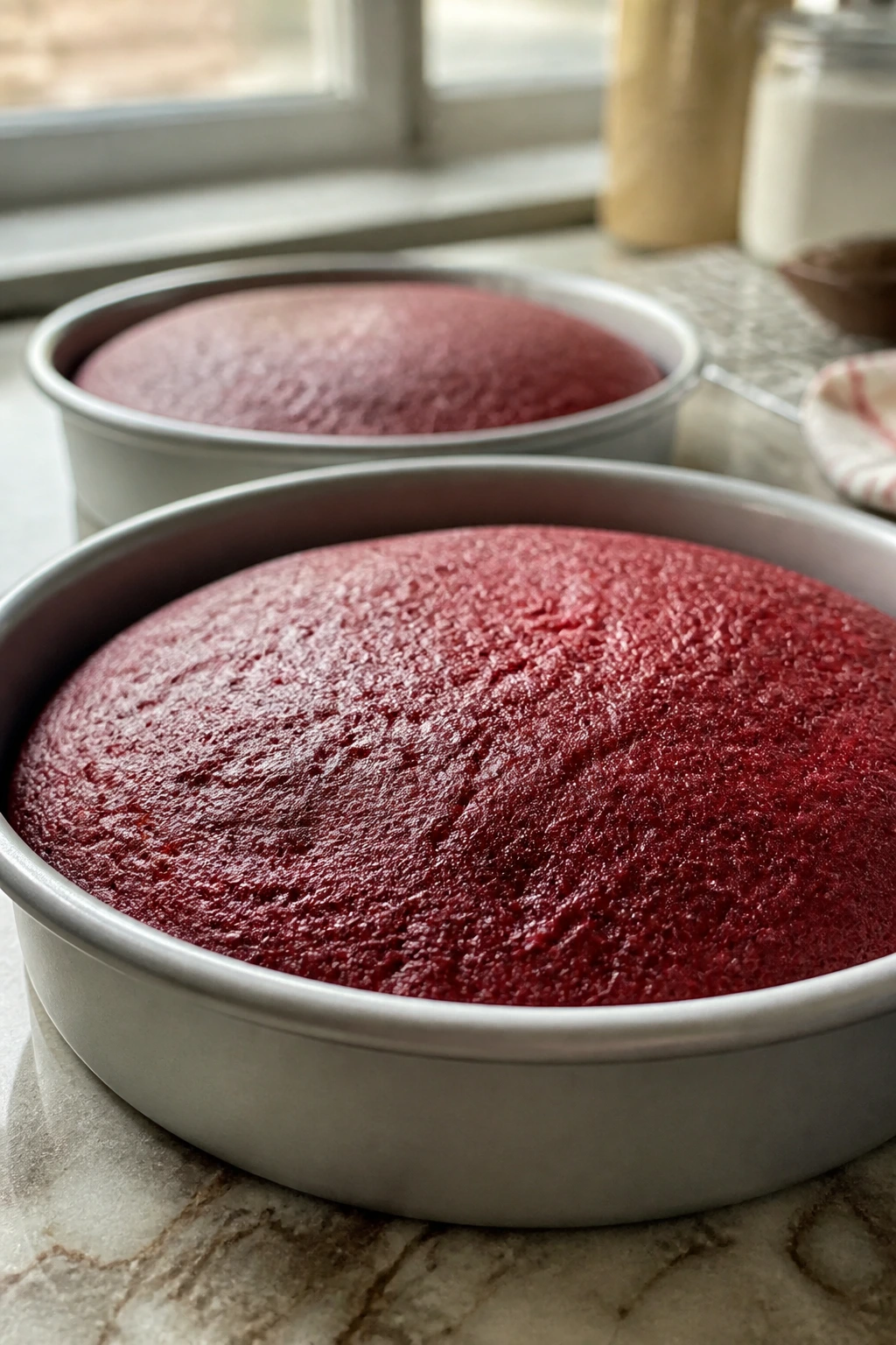 Two 8-inch cake pans with red velvet cake, highlighting pan size and yield.