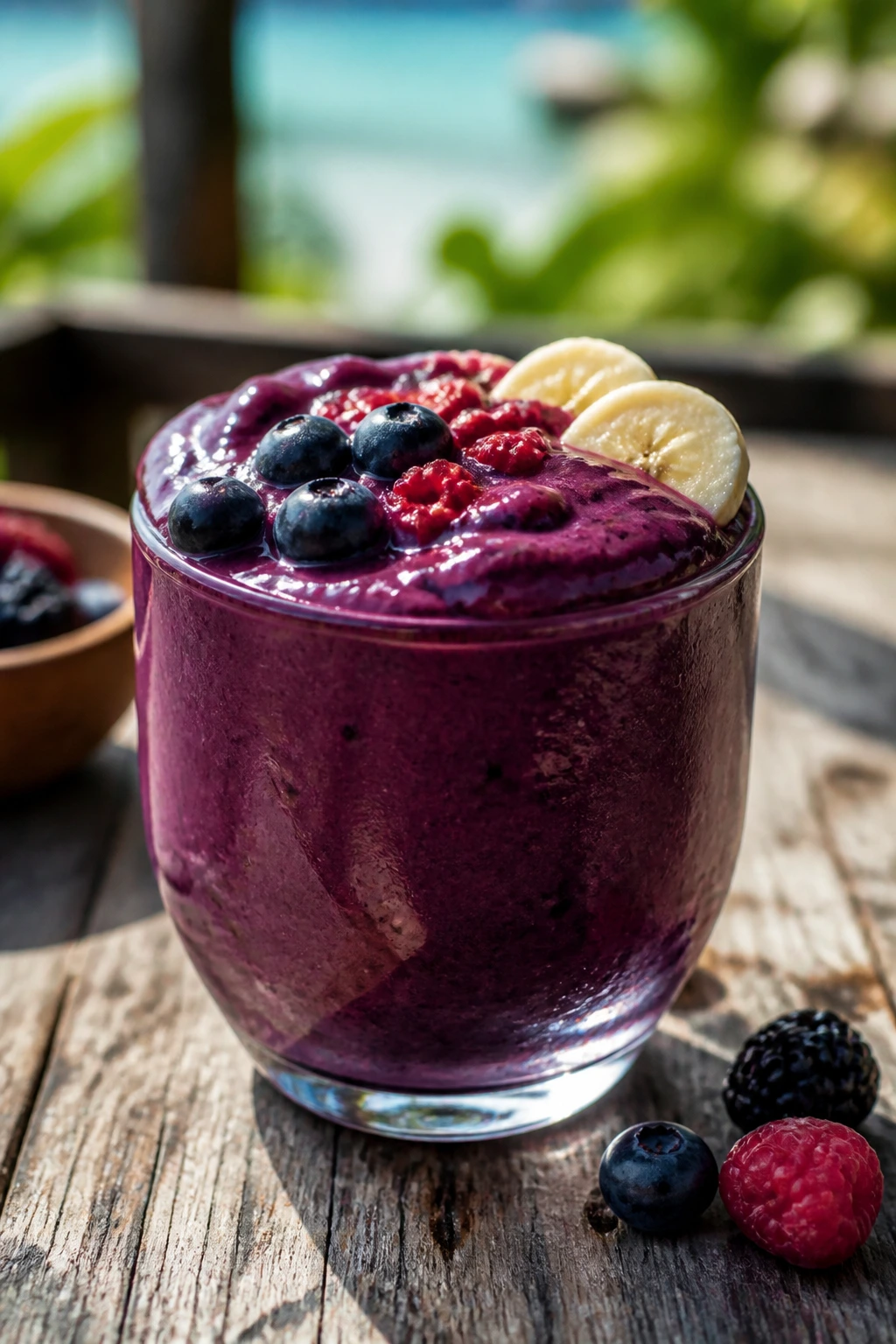 Close-up of Açaà Banana Berry Smoothie in a glass on a rustic wooden table