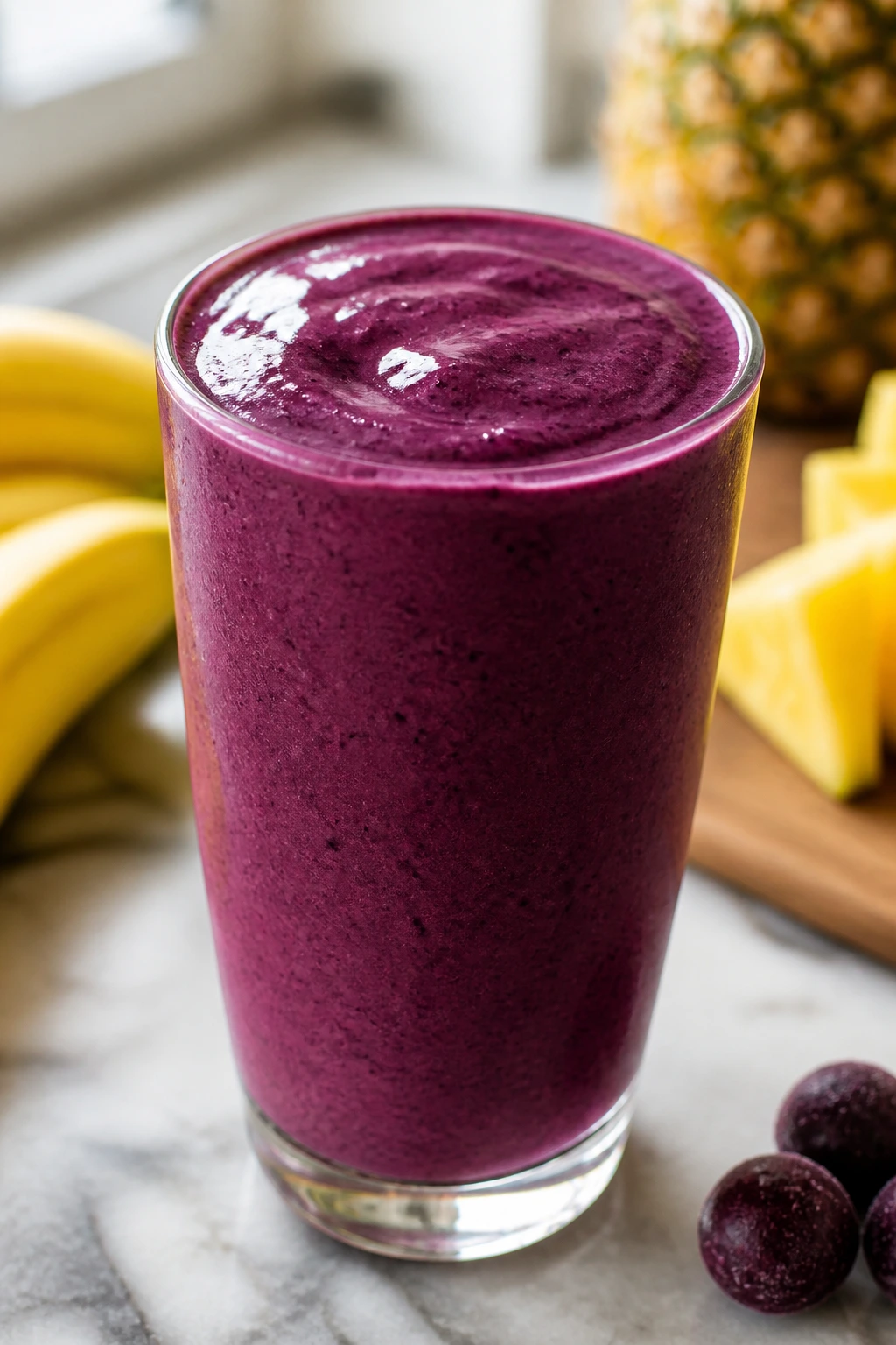 Close-up of acai pineapple banana smoothie in glass on kitchen counter