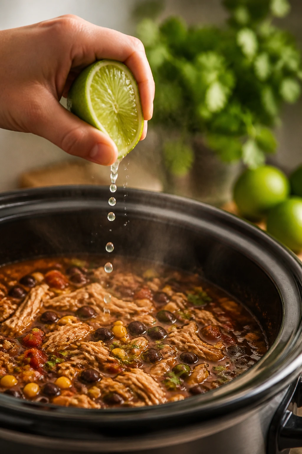 Hand pouring lime juice into a simmering pot