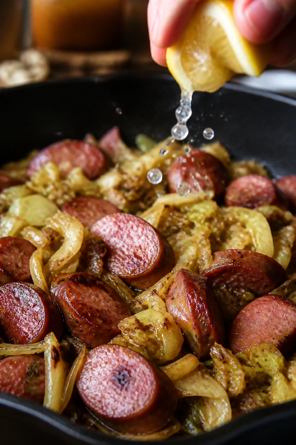 Lemon juice splash on a pan of smoked sausage and cabbage