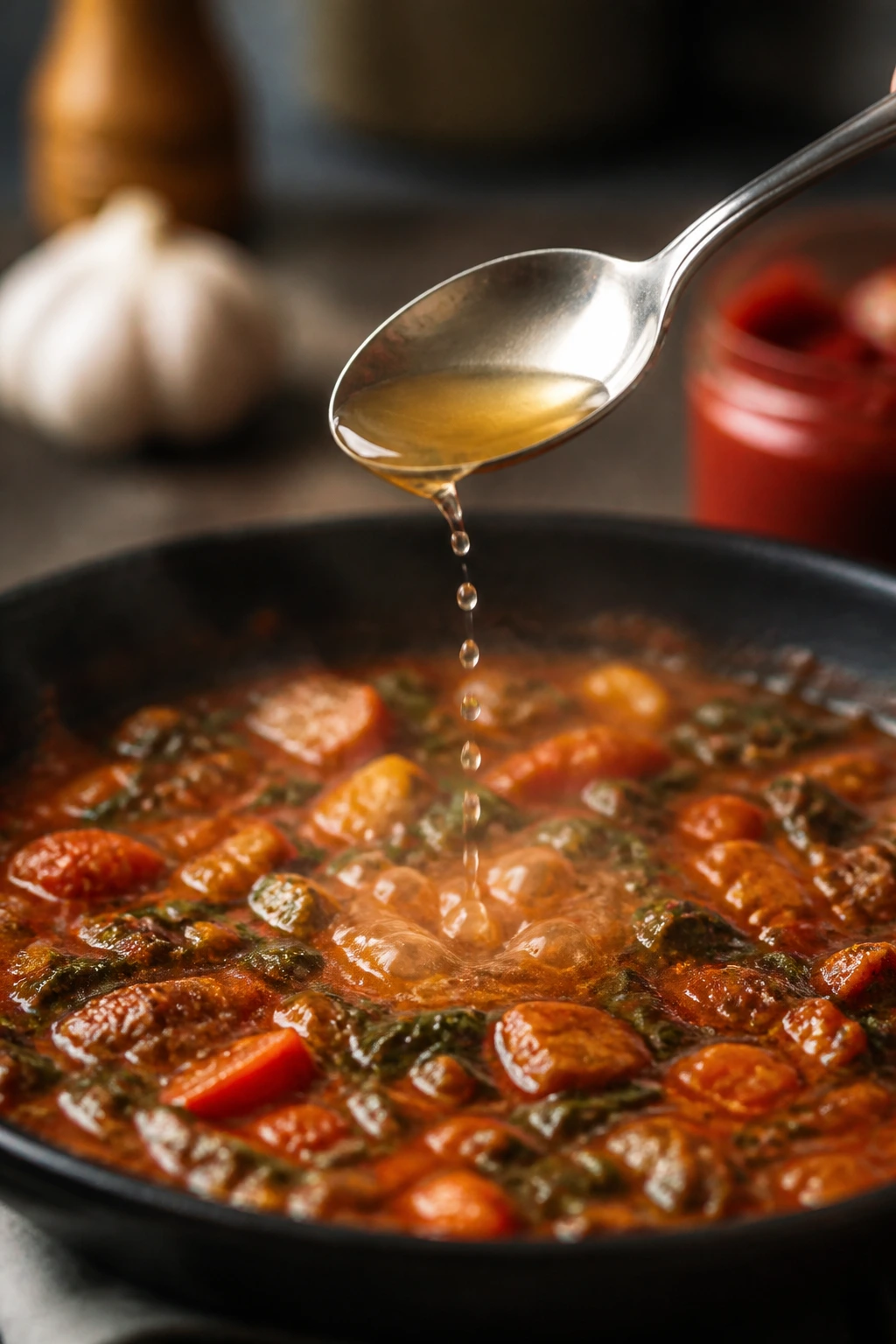 Spoon adding a splash of vinegar or lemon juice to a pan