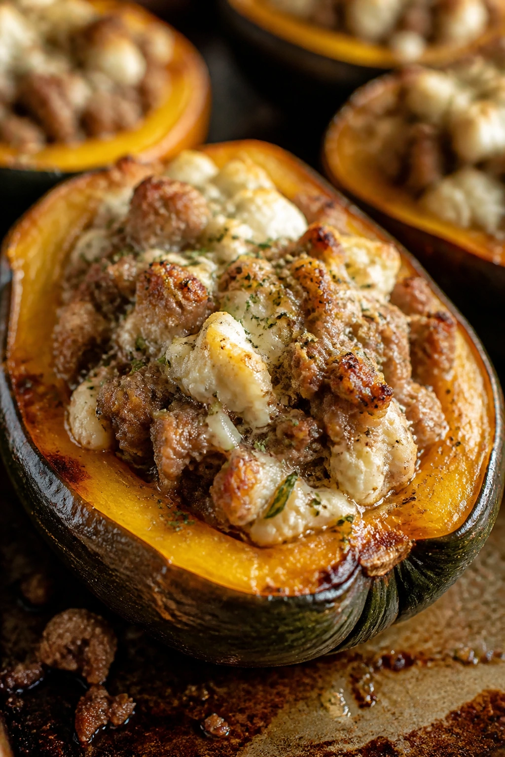 Stuffed acorn squash half with beef and cottage cheese filling