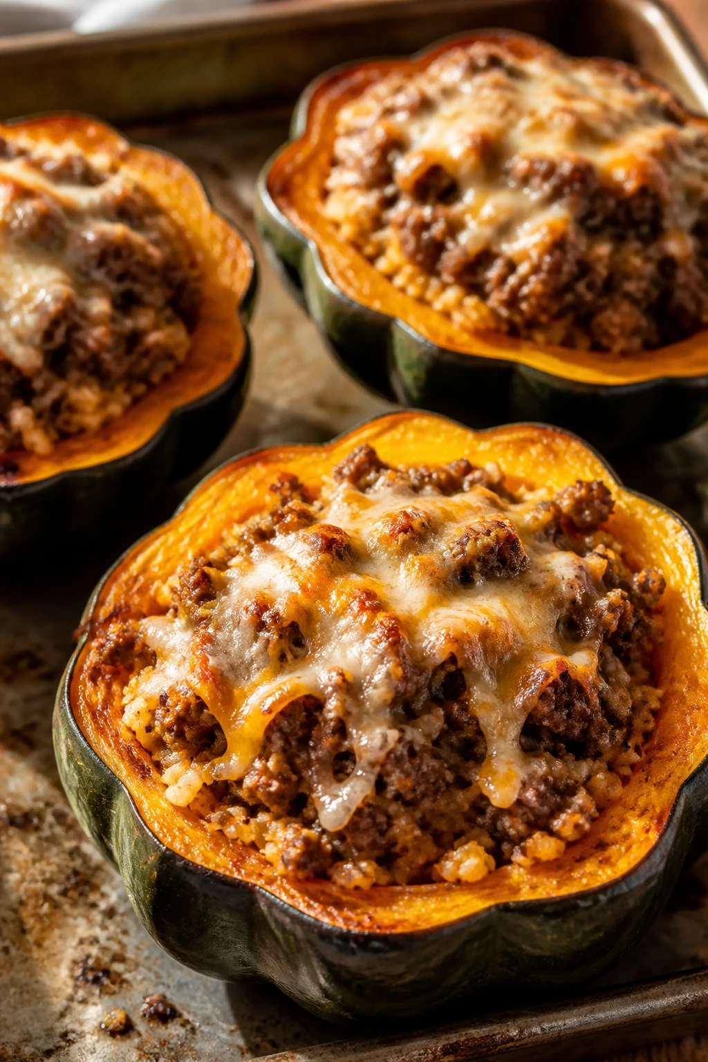 Halved acorn squash stuffed with beef and rice, cheese topping