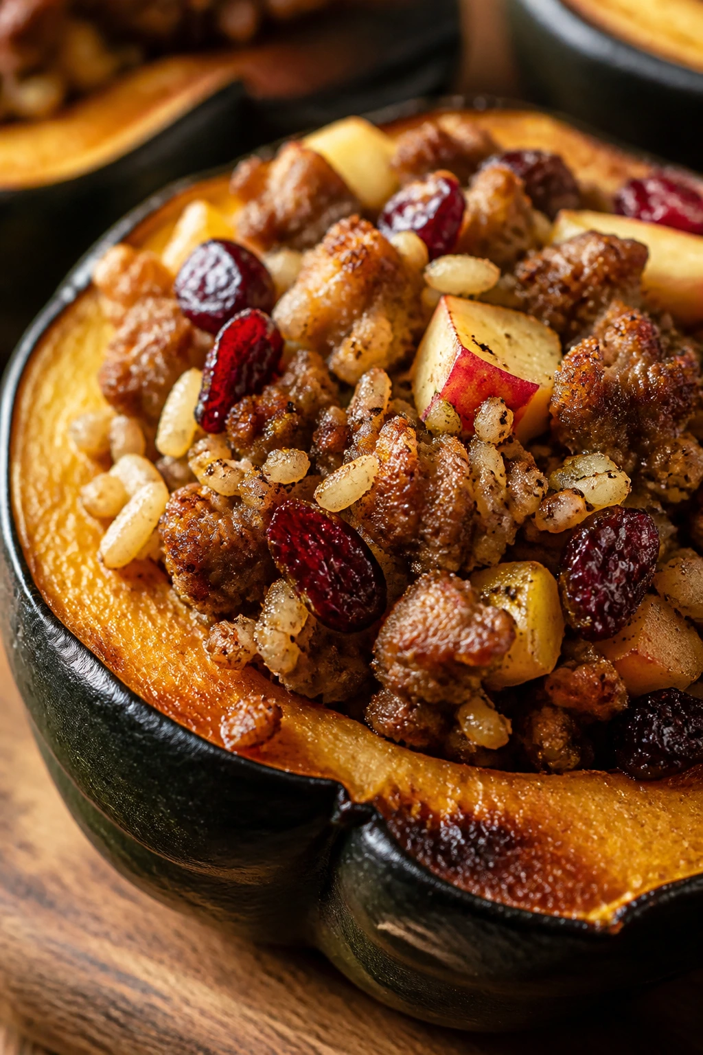 Close-up of stuffed acorn squash halves with beef and sausage filling