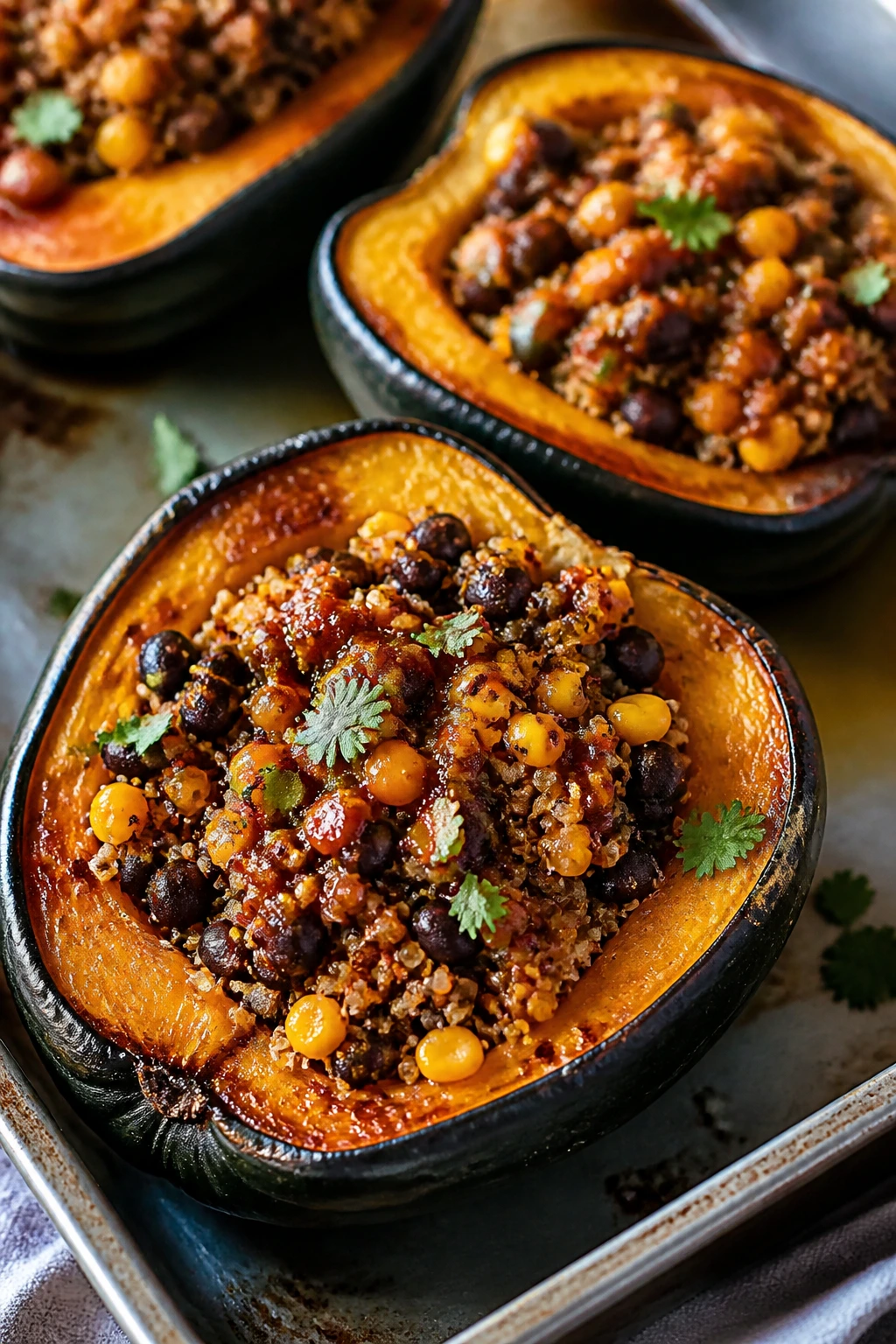 Stuffed acorn squash with black beans and quinoa filling
