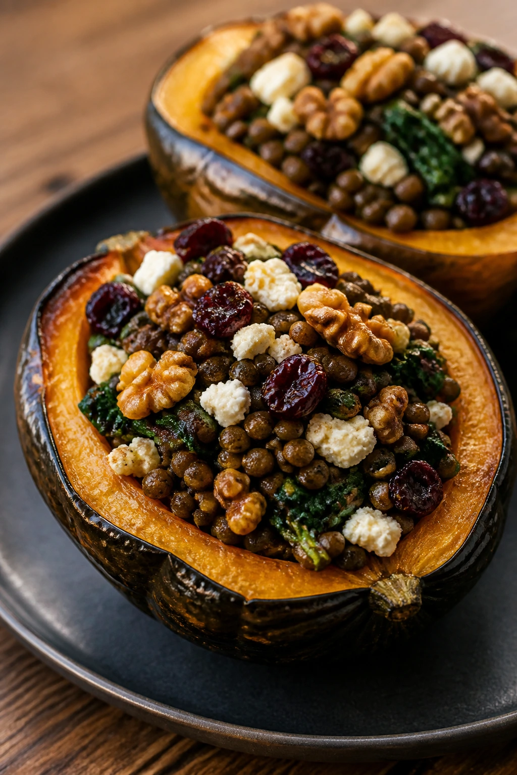Close-up of stuffed acorn squash halves with lentil filling