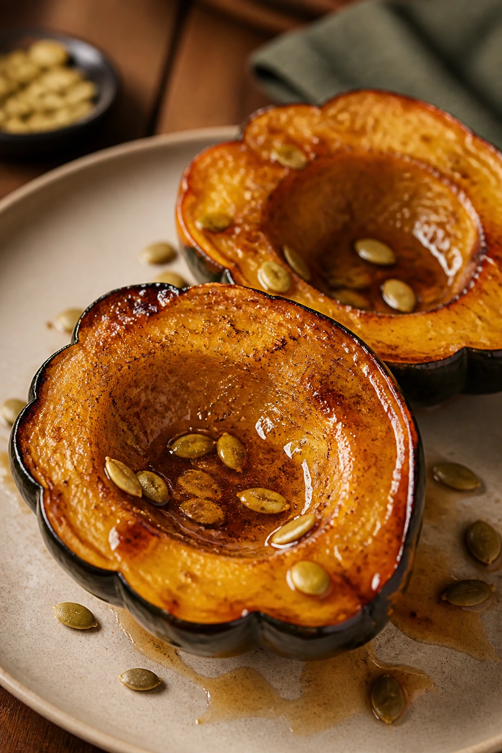 Close-up of maple-glazed acorn squash halves on a plate