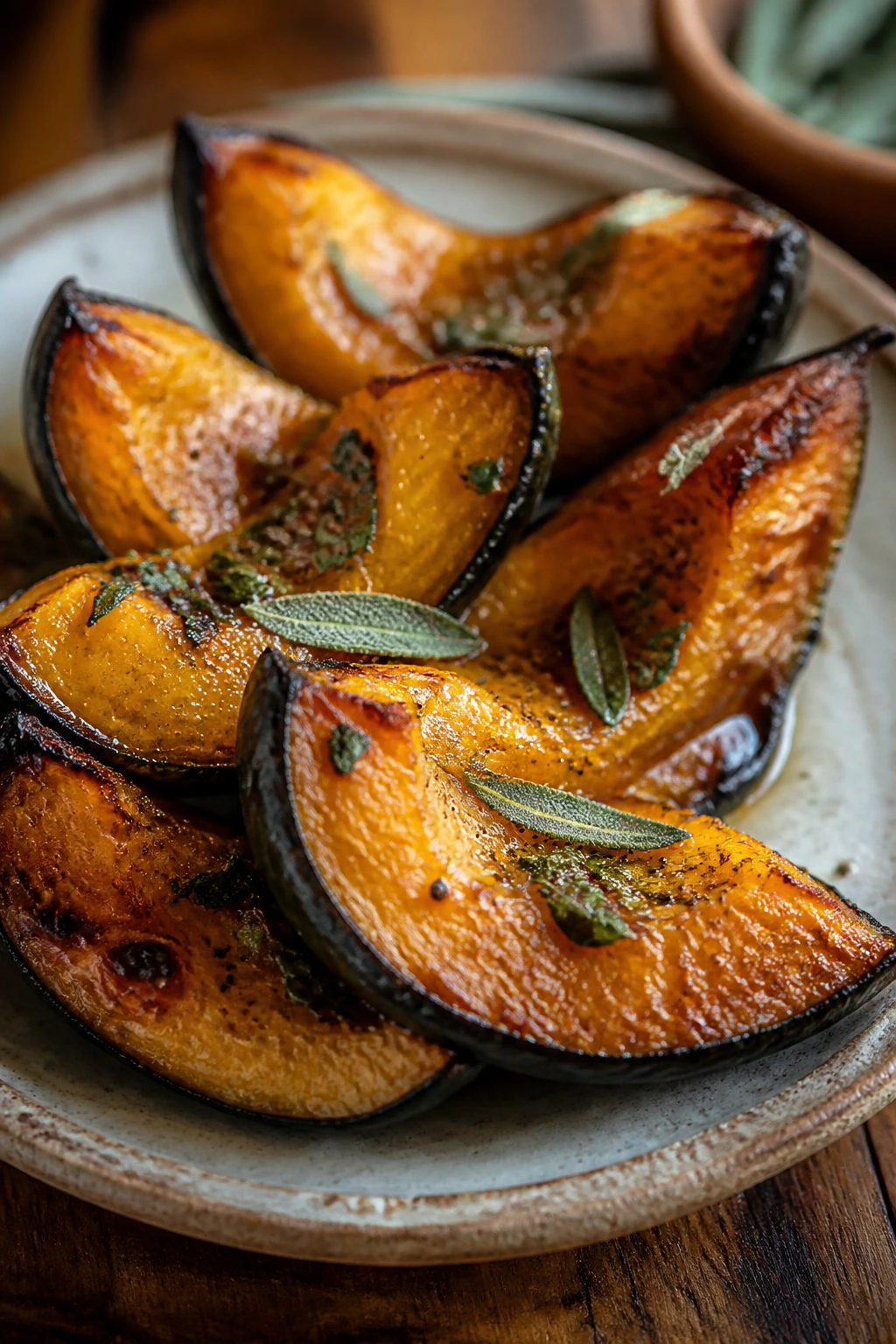 Roasted maple-sage acorn squash wedges on a rustic plate