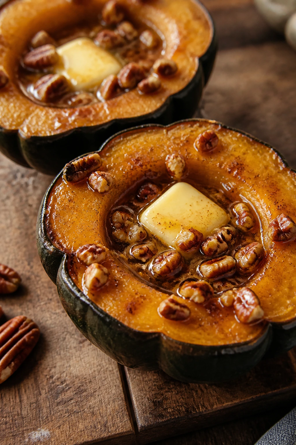 Halved acorn squash with maple butter and pecans in a warm kitchen setting