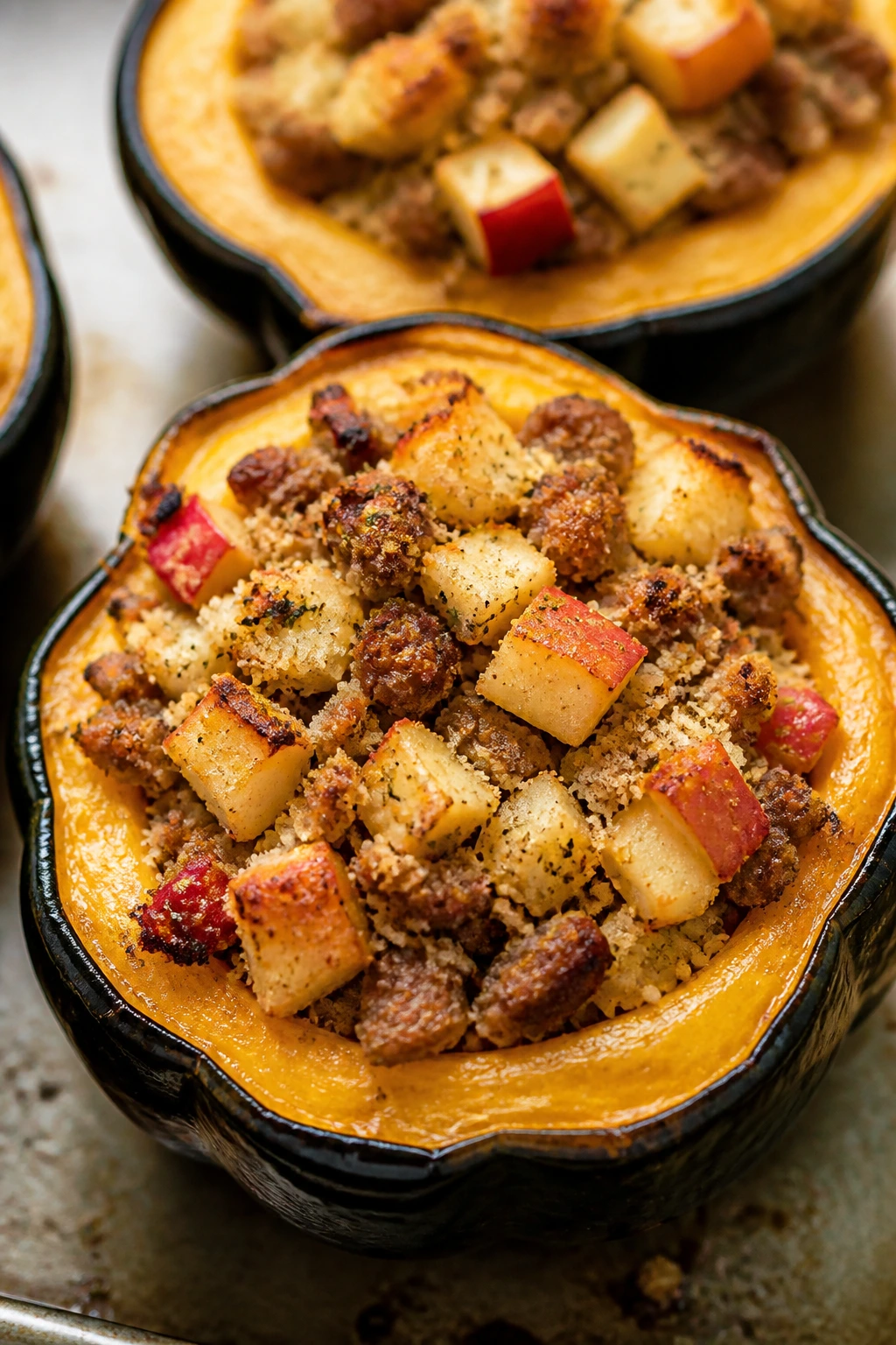 Halved acorn squash stuffed with sausage and apple filling