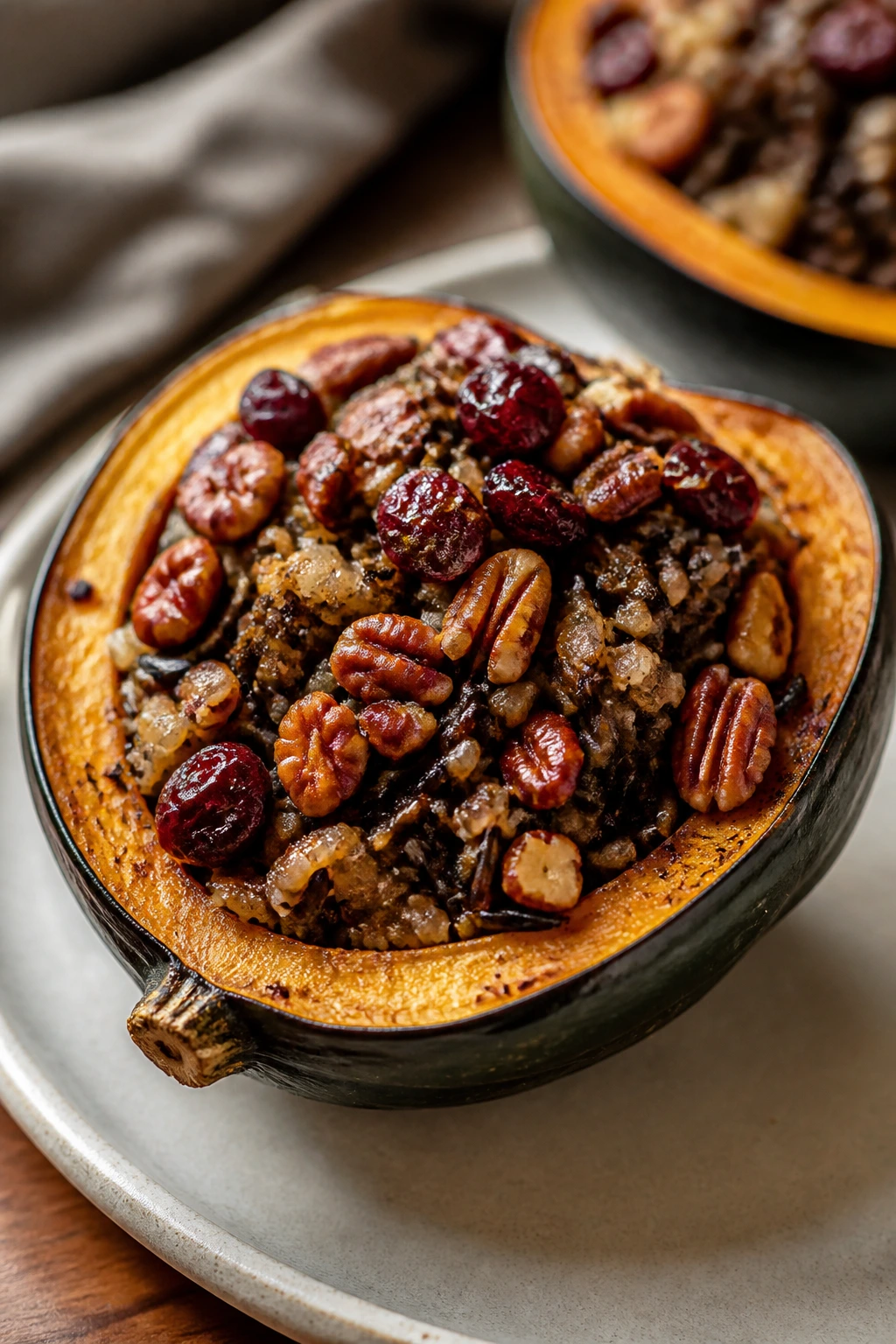 Halved acorn squash stuffed with wild rice filling