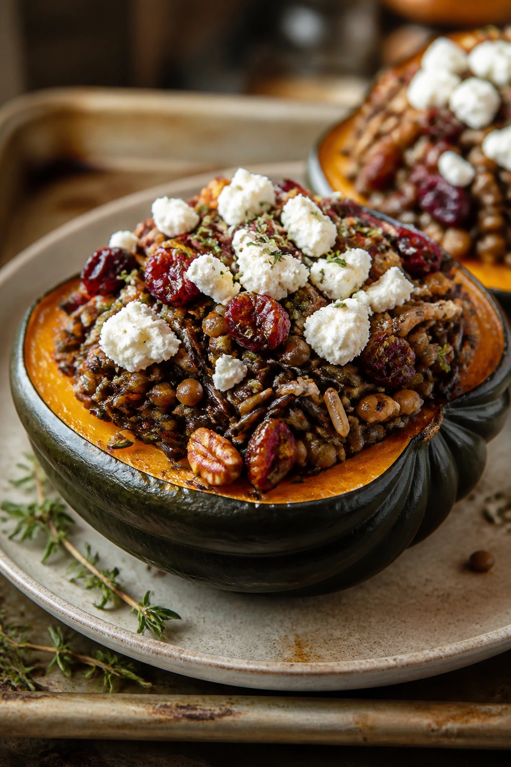 Close-up stuffed acorn squash with wild rice and lentils