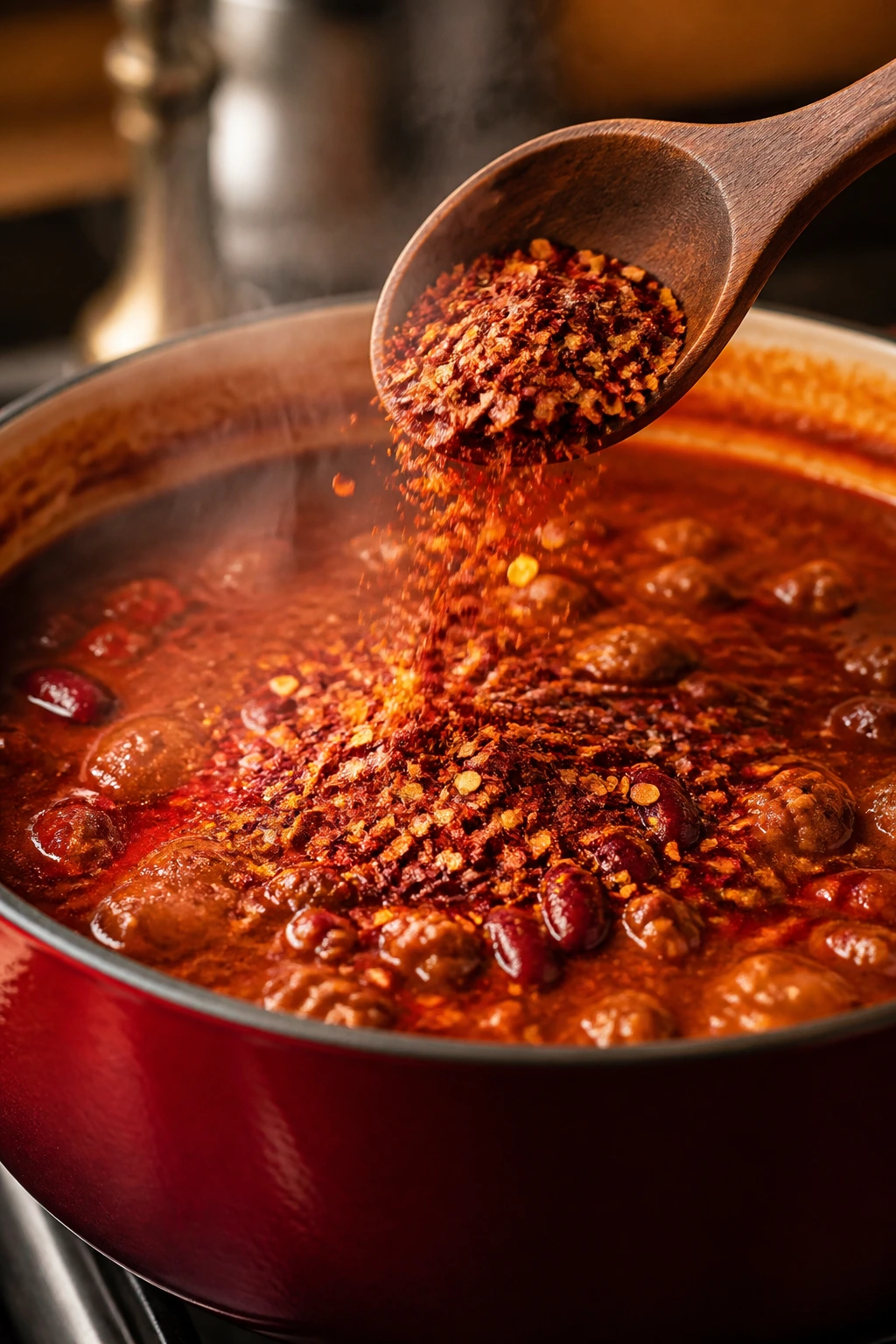 Spoon adding chili flakes into a simmering pot