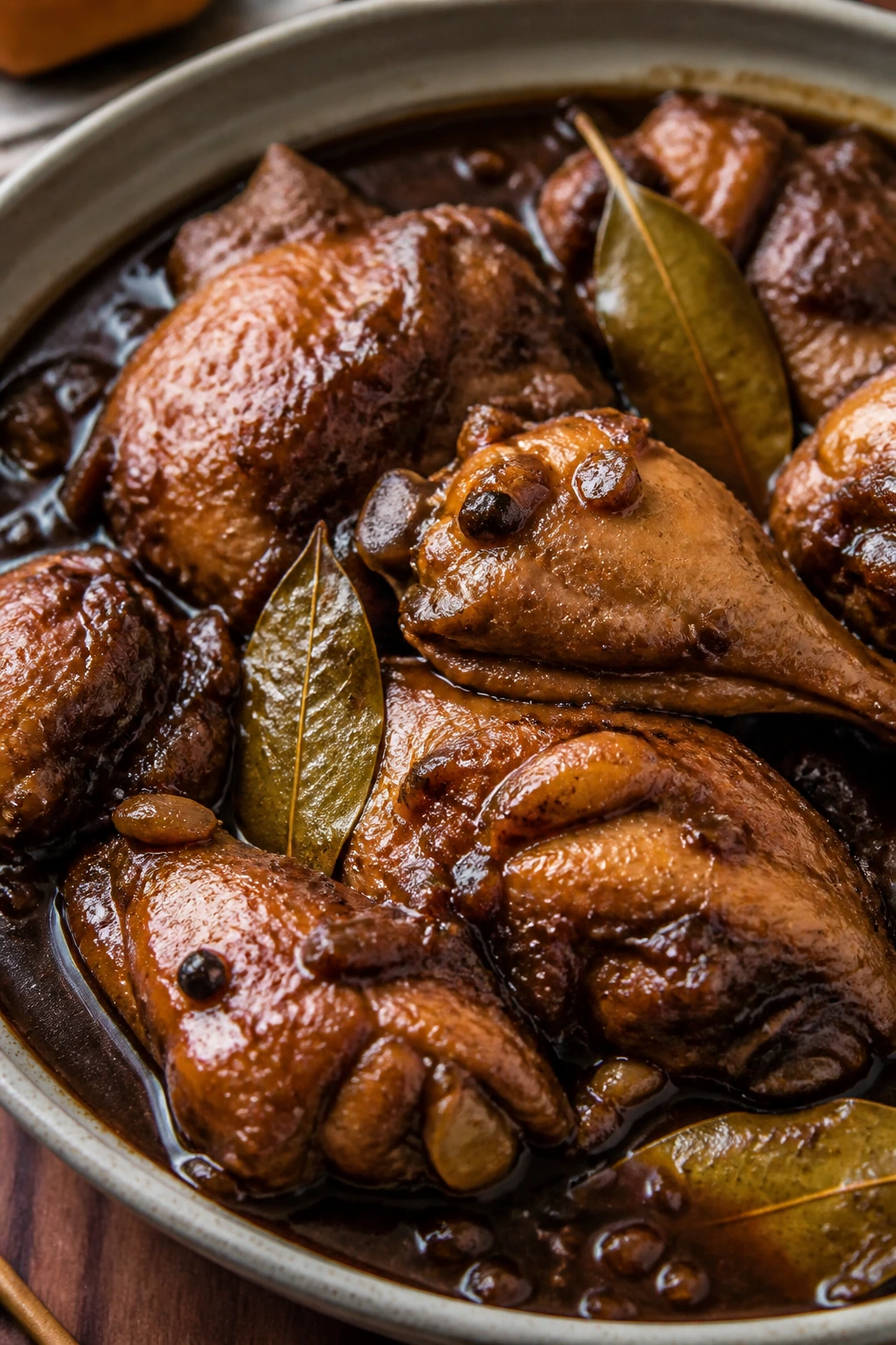 Dark adobo chicken in glossy sauce with bay leaves