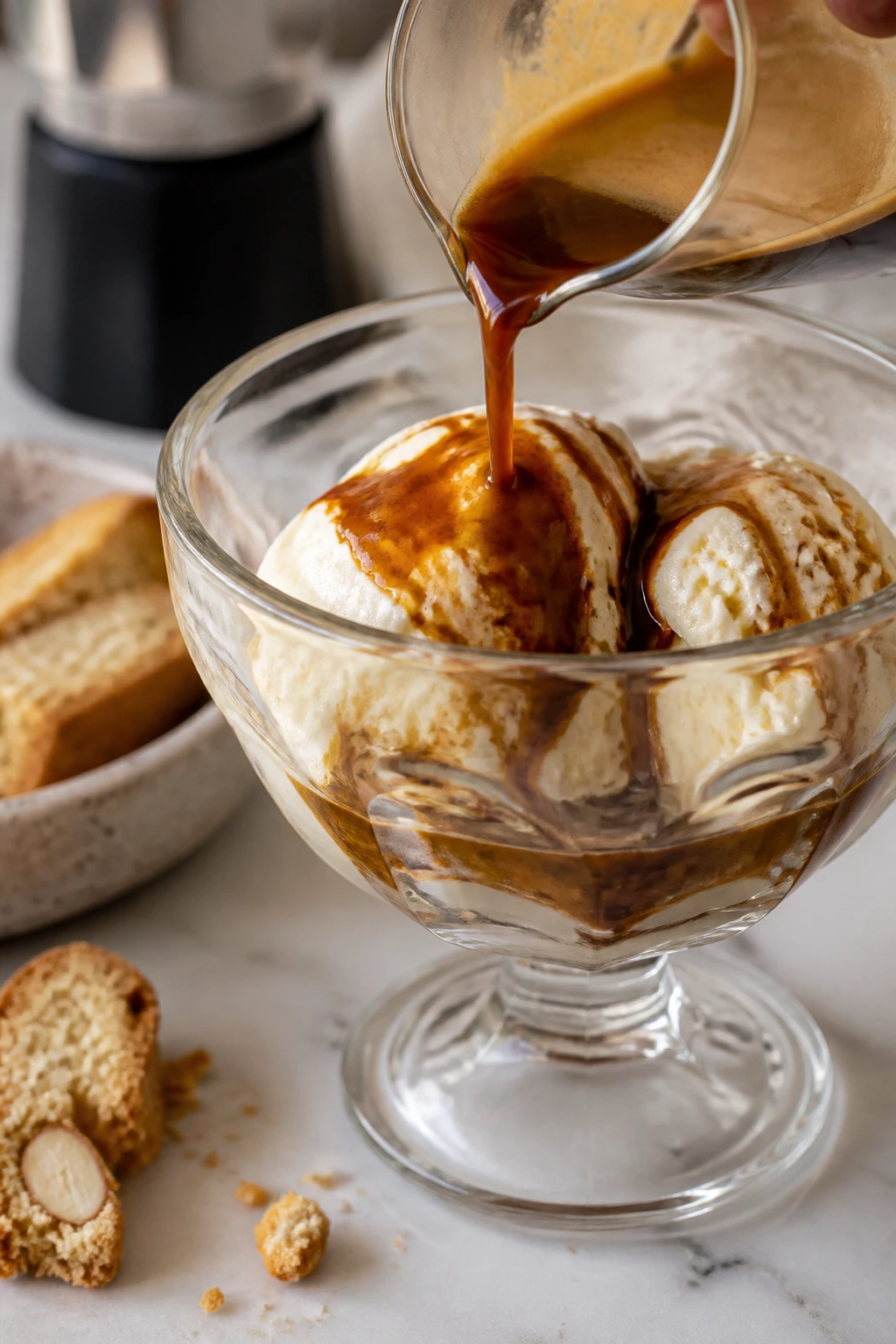 Affogato with espresso poured over vanilla ice cream in a glass