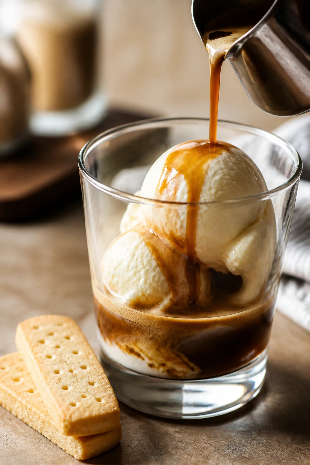 Close-up of affogato with vanilla ice cream and espresso with shortbread cookies on a warm kitchen counter