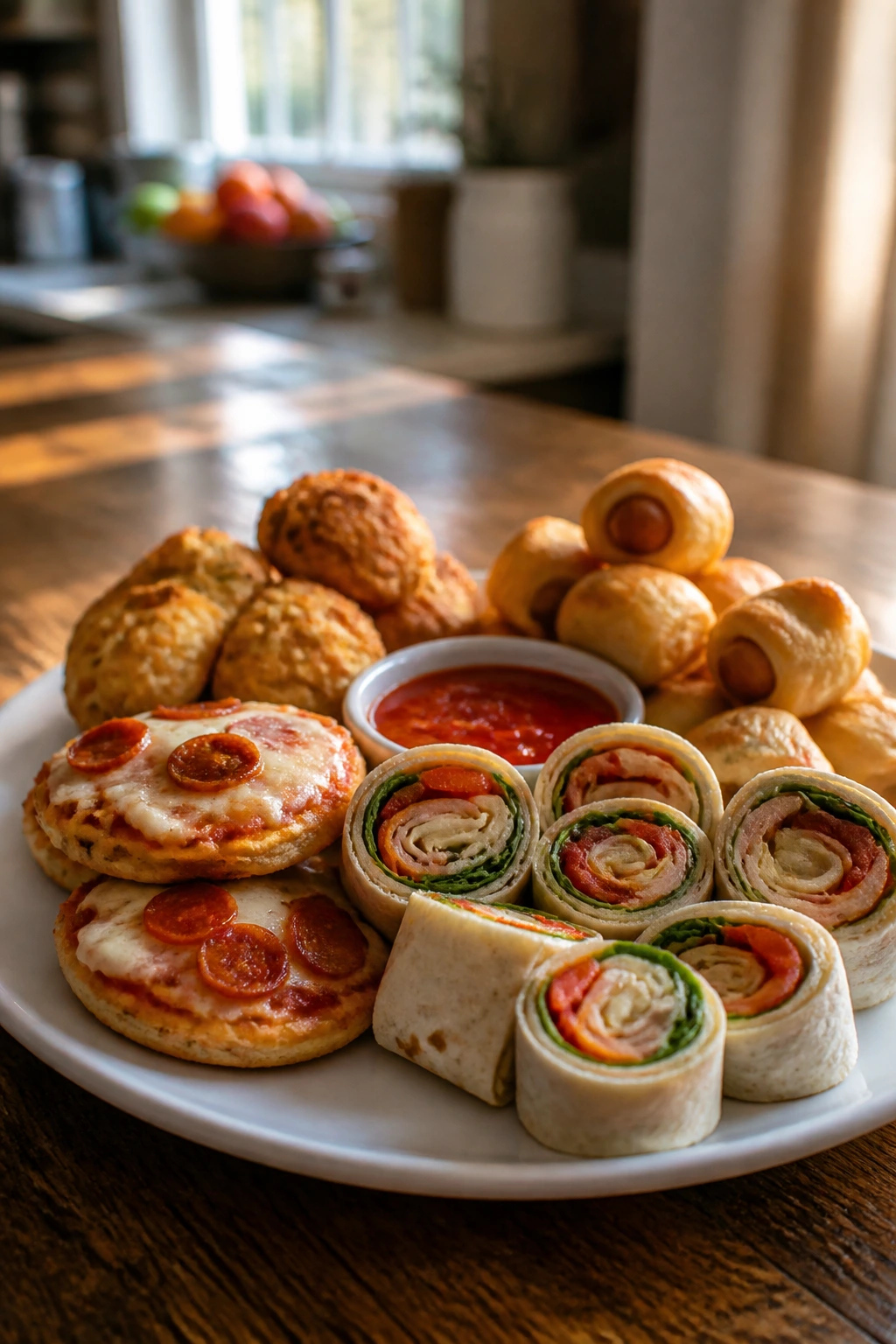 Close-up plate of kid-friendly after-school meals on a wooden table