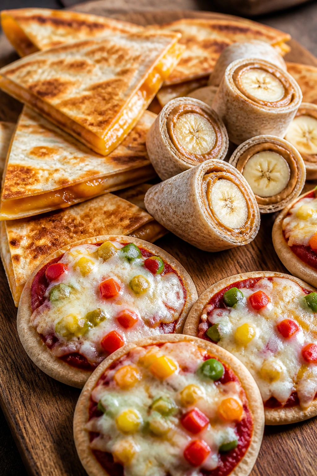 Close-up of a wooden board with assorted after-school snack bites for kids