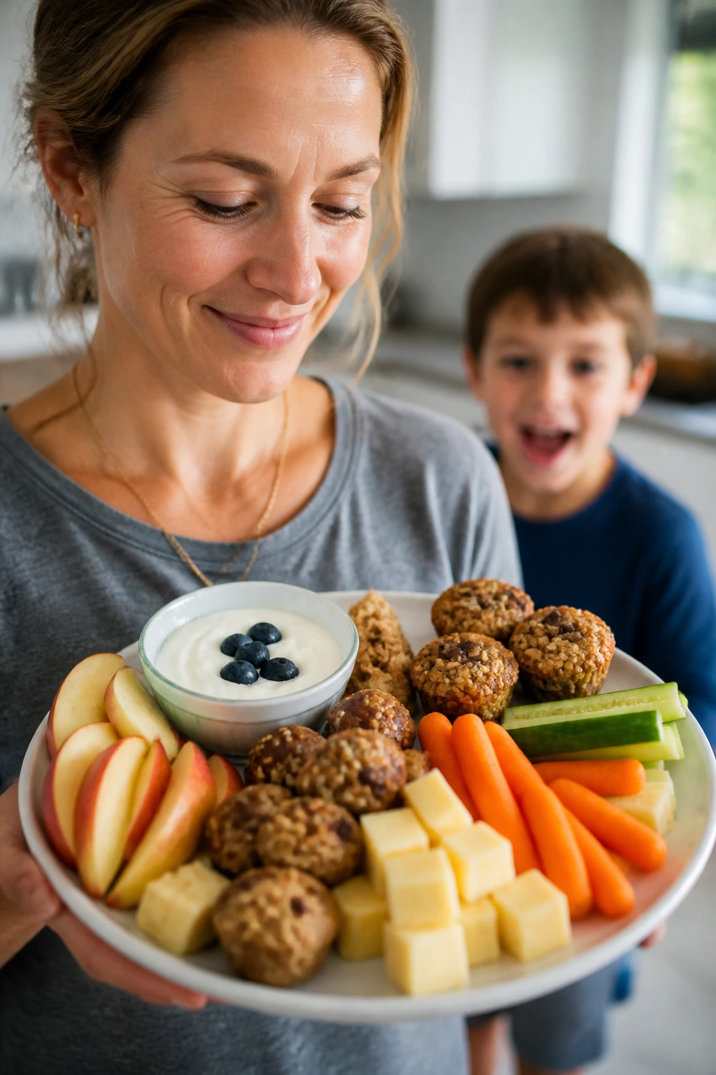 Calm parent presenting quick snacks to hungry kids in a kitchen scene