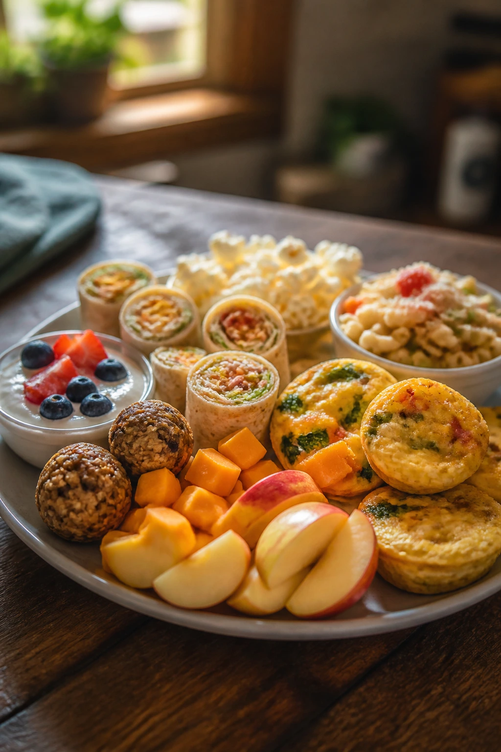 Close-up plate of assorted after-school snacks on a wooden table for kids