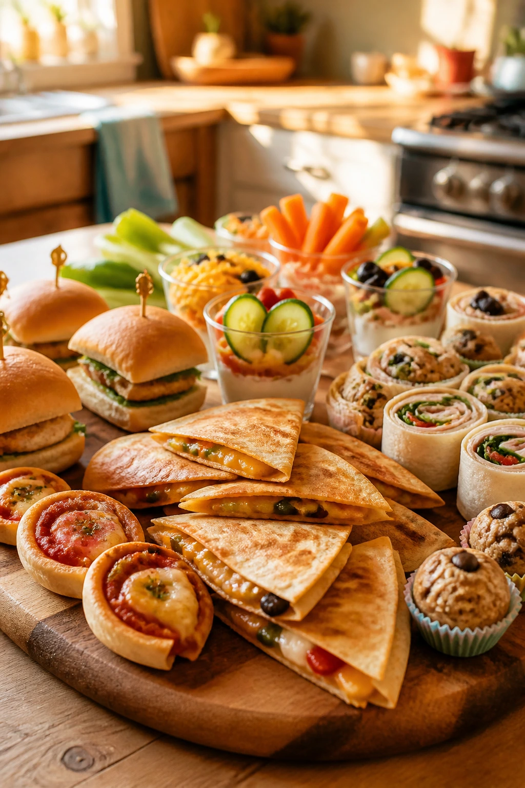 Close-up of a colorful snack board with triangles, sliders, cups, roll-ups and bites on a wooden board in a kitchen
