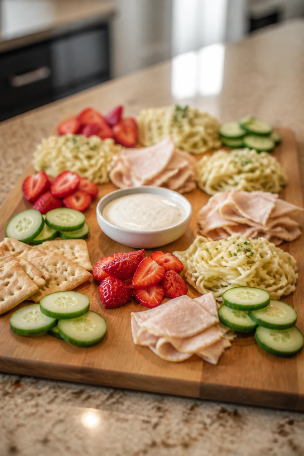 Medium close-up of a lunch board with varied bite-sized foods for different ages
