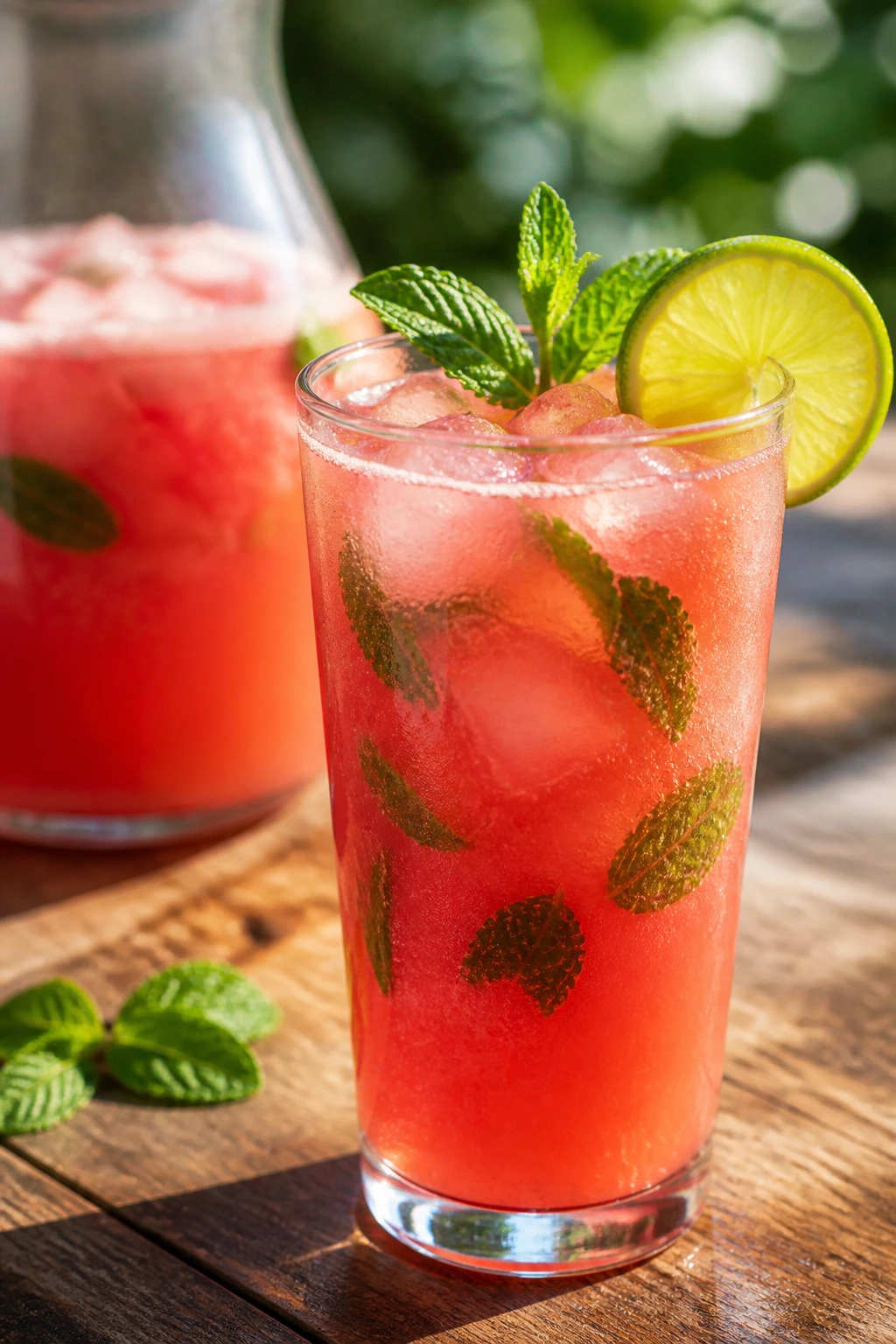 Tall glass of Watermelon Mint Agua Fresca with mint and lime on a sunny outdoor table