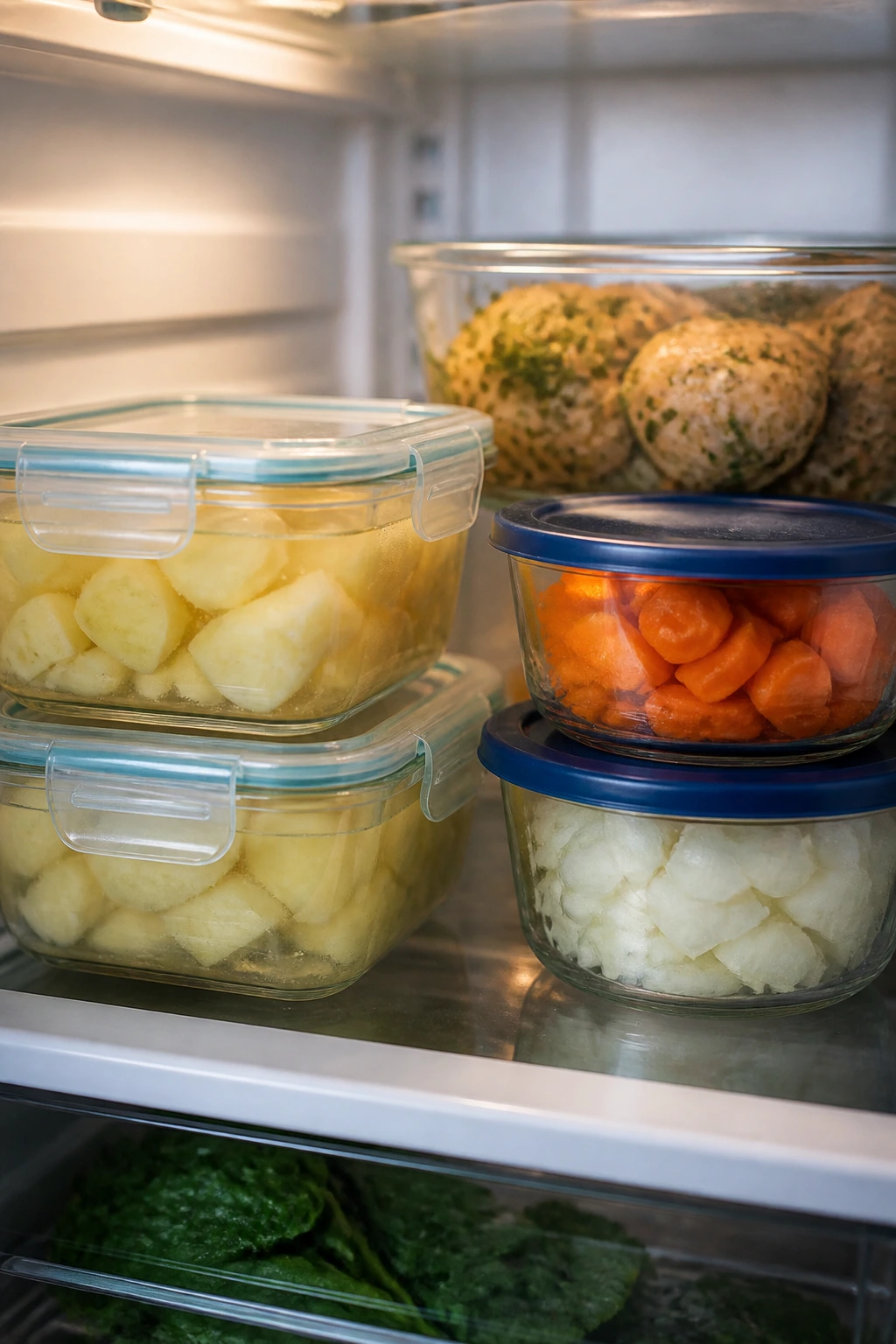 Fridge prep containers with potatoes soaking, carrots and onions sealed, ready to roast